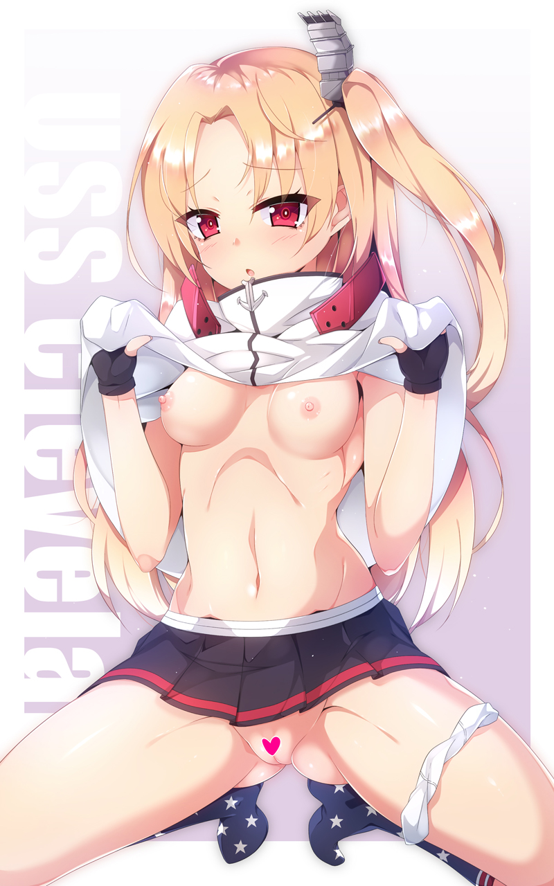 1girls american_flag american_flag_legwear azur_lane blonde_hair breasts cape cape_lift cleveland_(azur_lane) female heart_censor medium_breasts nipples no_bra panties panties_around_leg pussy