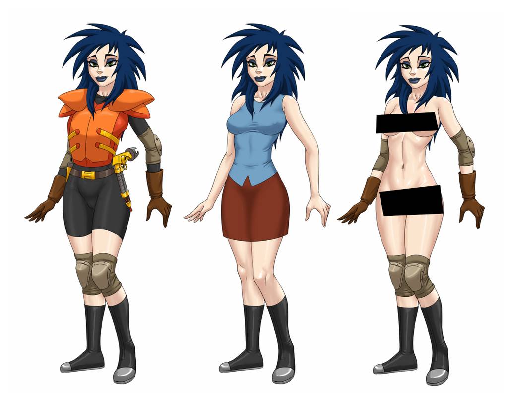 armwear bad_censor casual censored covered_nipples covering covering_crotch dark_blue_hair exposed_torso extreme_ghostbusters flick footwear ghostbusters handwear human kylie_griffin legwear miniskirt nude nude_male pale_skin pencil_skirt red_skirt skirt spiky_hair