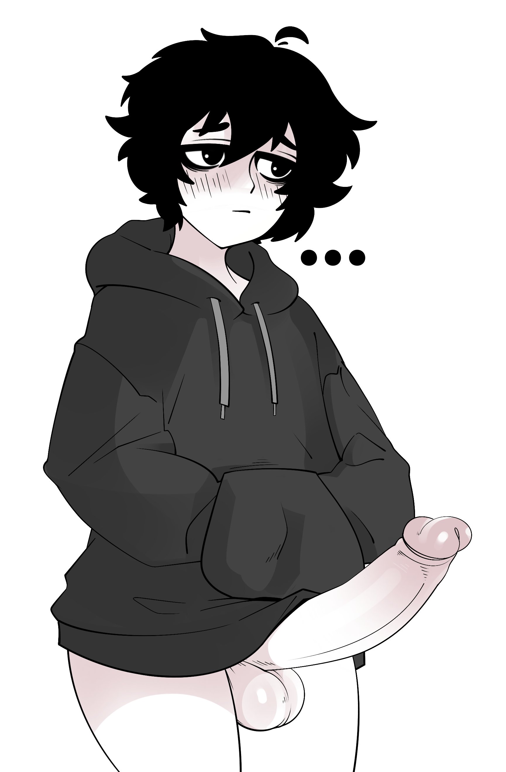 1boy, balls, big penis, black hair, bottomless, bro aniki, doomer boy, embarrassed nude femboy, erection, femboy, hoodie, hung femboy, hung trap, male, male only, penis, shy, solo, white background, wojak comics