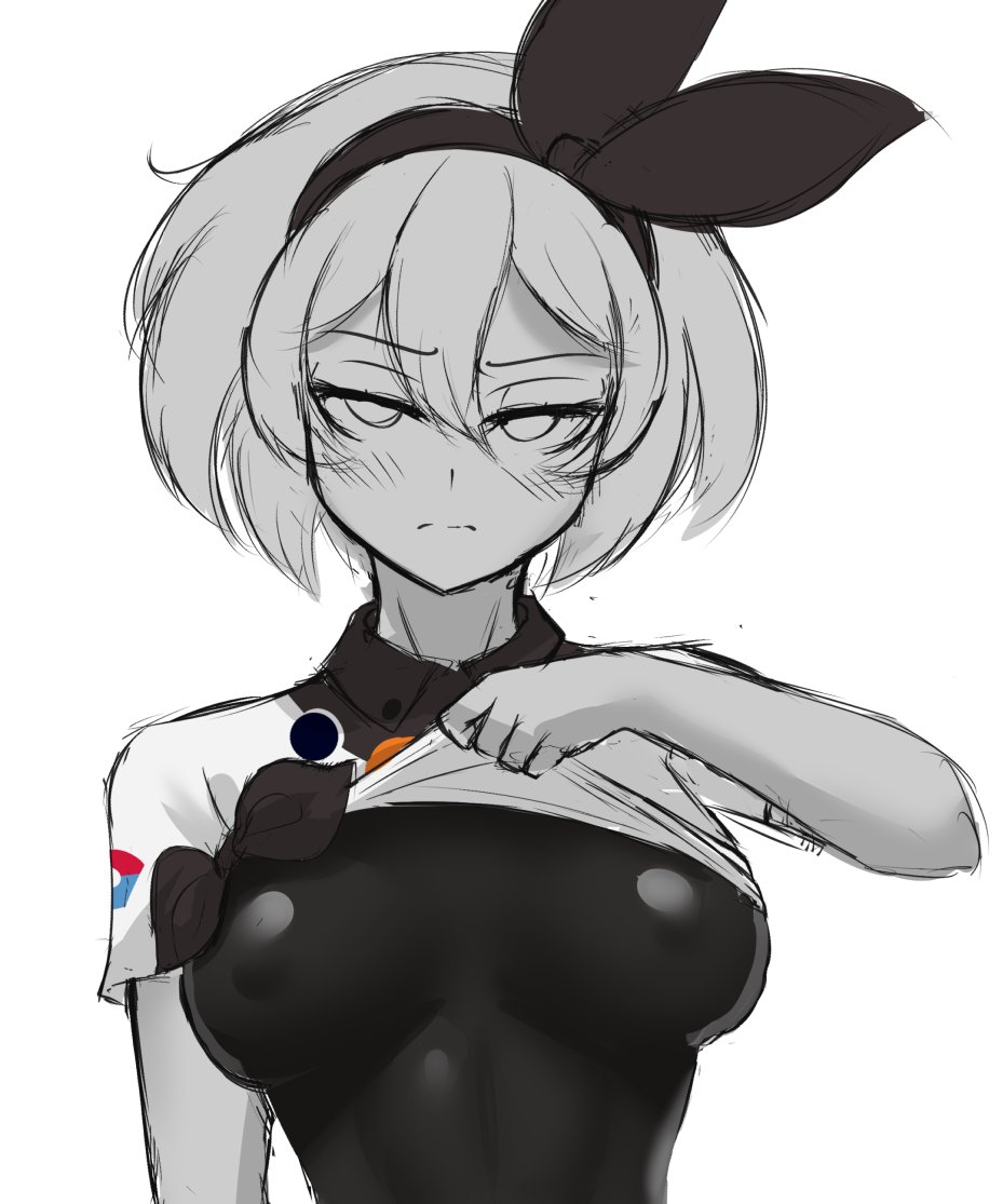 1girls, bea (pokemon), blush, bodysuit, cslucaris, female, monochrome, nintendo, pokemon, pokemon ss, shirt lift, short hair