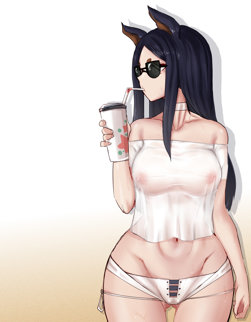 animal ears, arknights, artist request, breasts, dobermann (arknights), drinking, female, hips, nipples, wet clothes