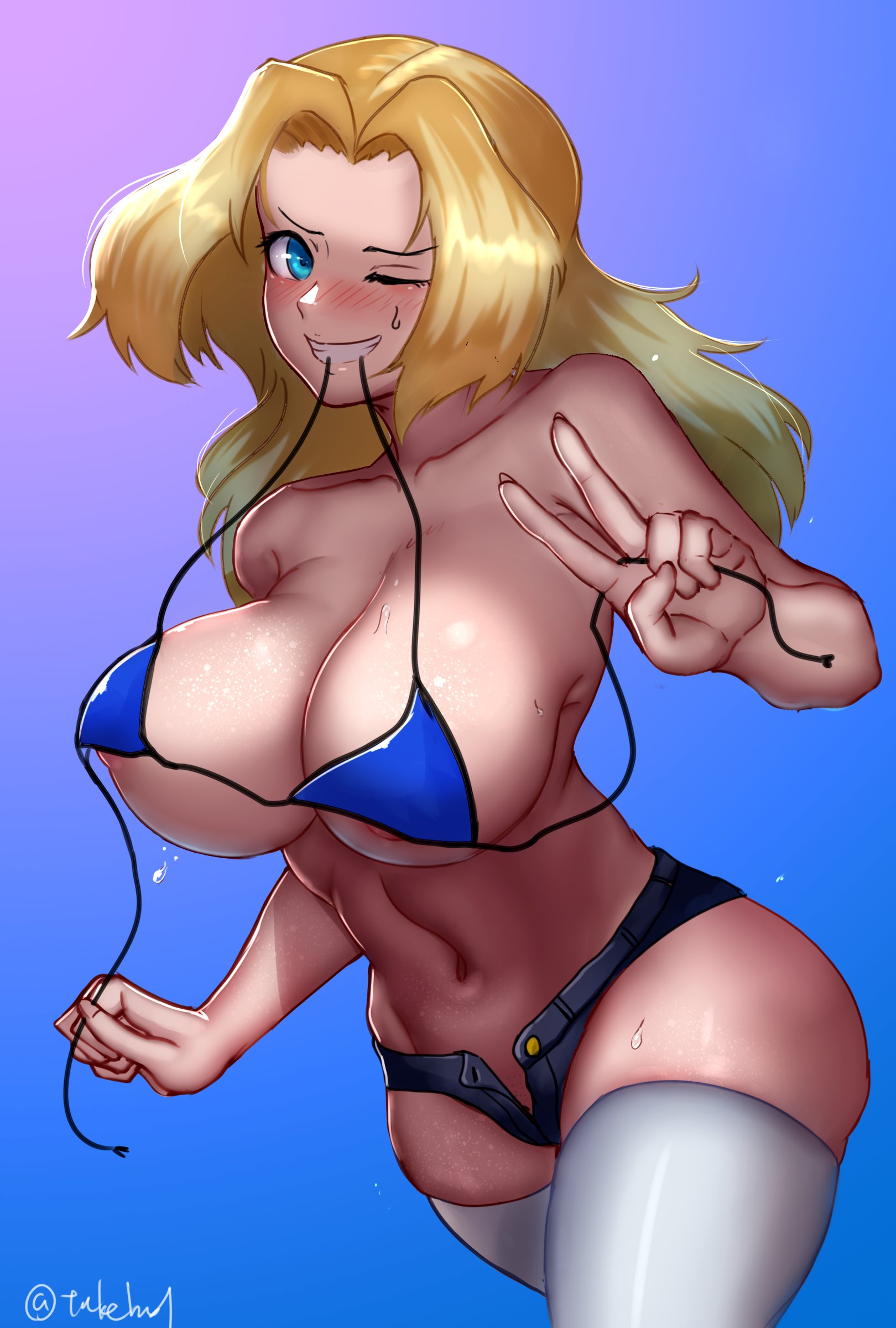 areola slip, bikini top, blonde hair, blue eyes, blush, breasts, female, girls und panzer, huge breasts, kay (girls und panzer), long hair, navel, nipple slip, shorts, skindentation, sweat, thick thighs, thighhighs, watermark