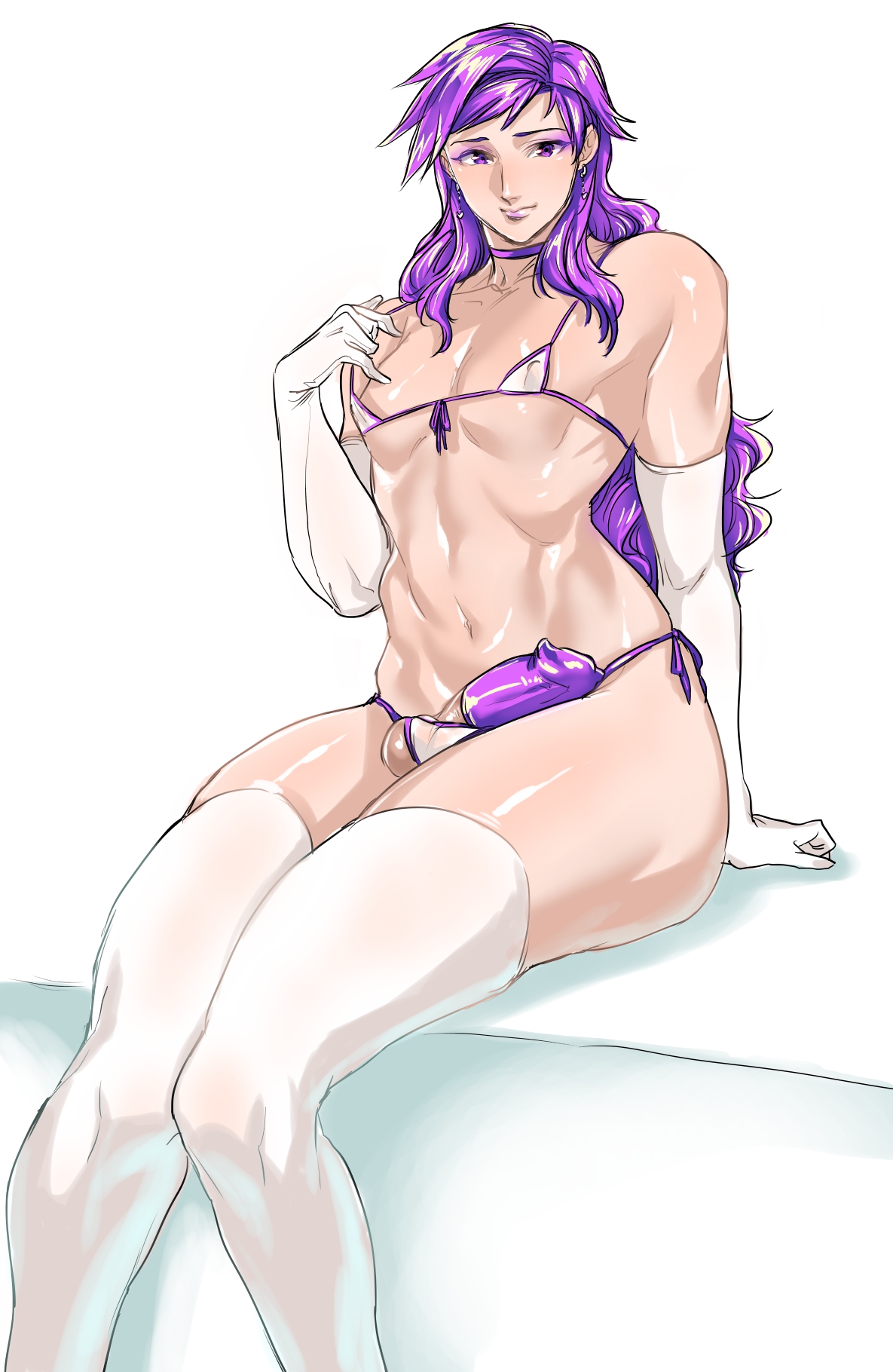 1boy, balls, bikini, condom, elbow gloves, femboy, gay, gay male, gloves, long hair, looking at viewer, male, male only, penis, purple eyes, purple hair, ro88840242, solo, stockings, testicles, thong, trap, yaoi