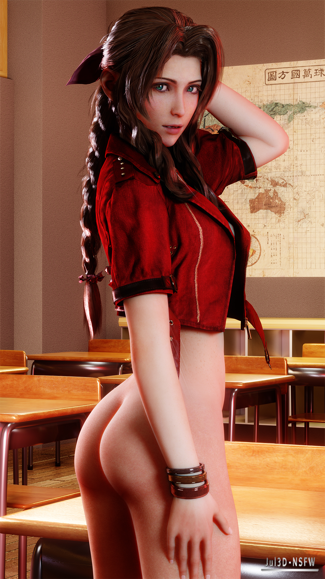 3d, aerith gainsborough, ass, blender, bottomless, braided hair, braided ponytail, breasts, brown hair, classroom, cute, female, final fantasy, final fantasy vii, final fantasy vii remake, green eyes, jul3dnsfw, looking at viewer, looking back, no panties, nude, posing, school, small ass, square enix, uncensored