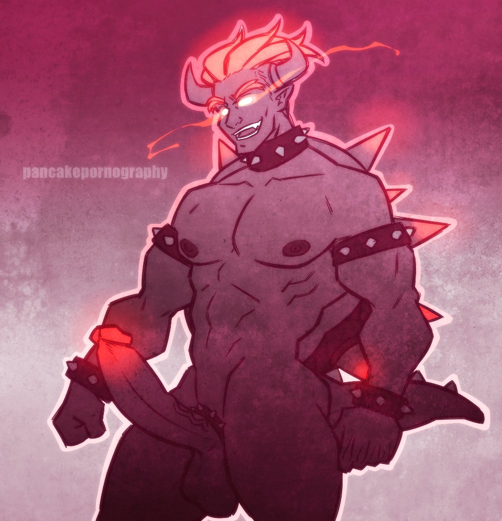 1boy, balls, bara, black body, bowser, bowser's fury, cock ring, empty eyes, erect penis, fury bowser, gay, glowing eyes, glowing hair, glowing penis, horns, human, humanized, humanoid, humanoid penis, large balls, large testicles, male, male focus, male only, mario (series), muscles, muscular, nintendo, nipples, nude, nude male, pectorals, penis, red eyebrows, red hair, shell, solo, solo male, spiked armlet, spiked bracelet, spiked cock ring, spiked collar, spiked shell, super mario 3d world, tail, testicles, thepancakehub, yaoi