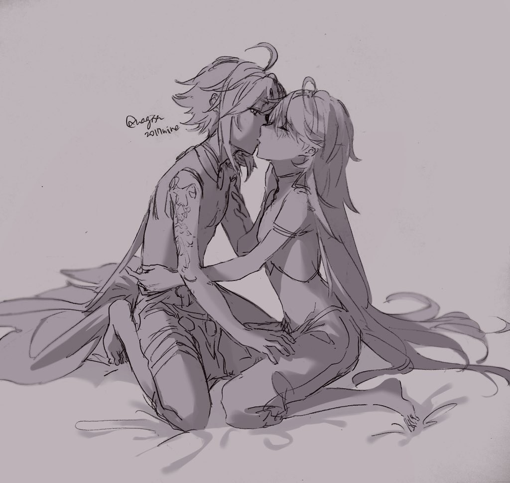 2boys, aether (genshin impact), domination, femboy, femboydom, gay, genshin impact, kissing, long hair, male, male only, midriff, nagisa2017, xiao (genshin impact), yaoi