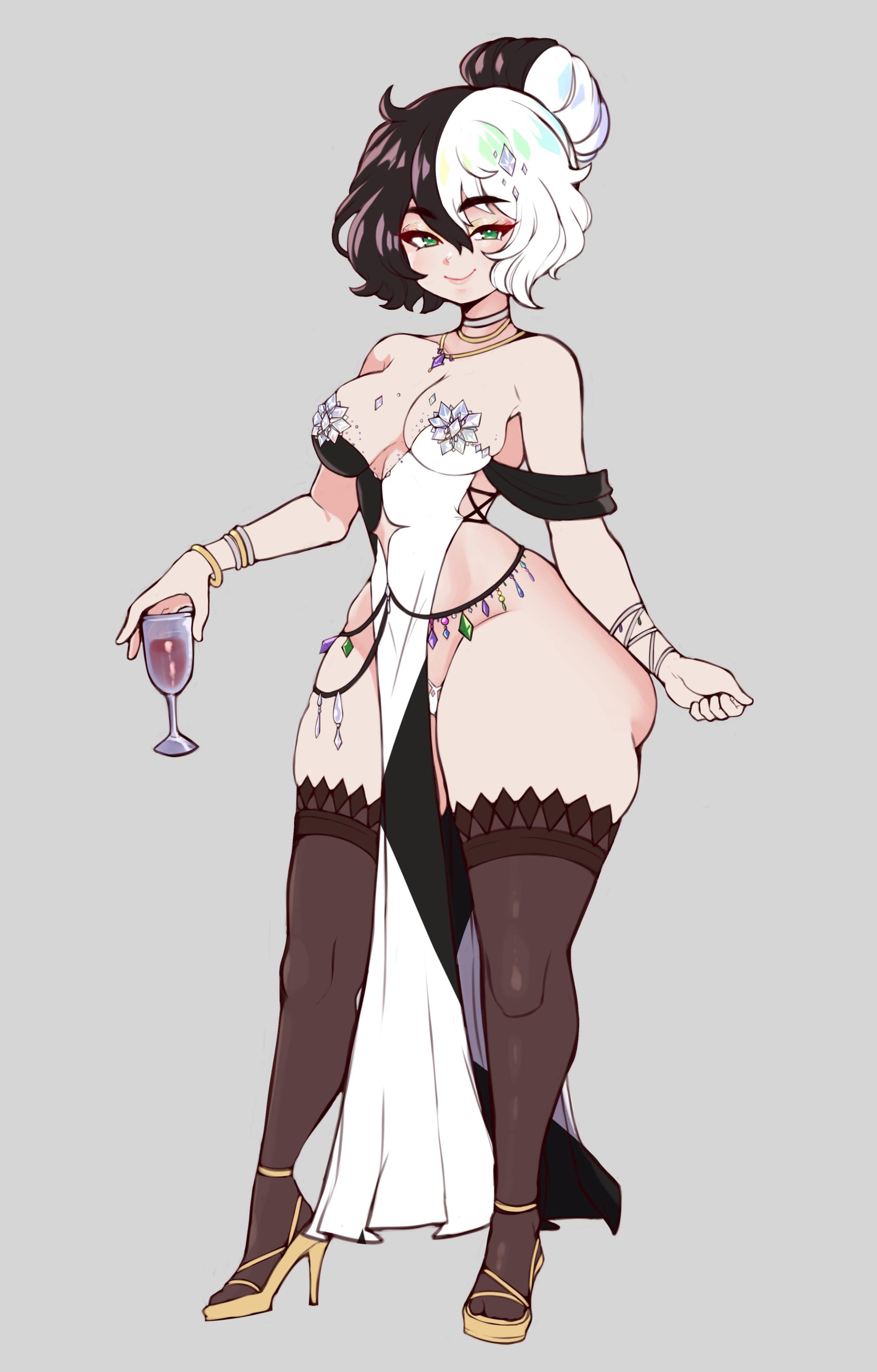 1girls, absurd res, black hair, bracelet, cleavage, dress, elegant, female, female only, full body, glass, green eyes, grey background, heels, holding glass, jewelry, jojoniumart, looking at viewer, necklace, partially clothed, smile, smiling at viewer, solo, solo female, stockings, thick thighs, tied hair, two-tone hair, white hair, wide hips, yorra villeneuve, zirca 2036