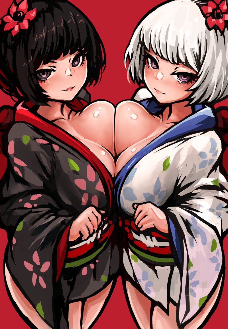 2021 2girls big_breasts black_hair blush breasts breasts_to_breasts character_request color demon demon_girl duo duo_focus flower flower_in_hair ghost hair hoozuki_no_reitetsu kimono lemudesu looking_at_viewer looking_up multiple_girls pinup red_background shiny_breasts shiny_skin short_hair simple_background smile tagme white_hair zashiki-warashi