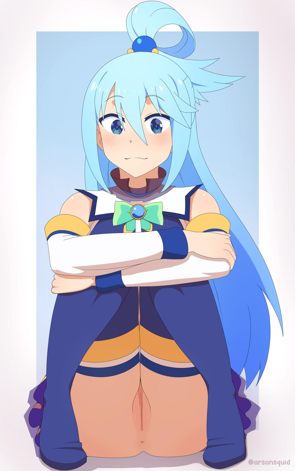 1girls, anus, aqua (konosuba), arsonsquid, ass, boots, female, female only, heel boots, high heel boots, kono subarashii sekai ni shukufuku wo!, large ass, looking at viewer, looking down, no panties, presenting pussy, pussy, sitting, smile, solo, thigh boots, thighhigh boots, uncensored, upskirt, vagina
