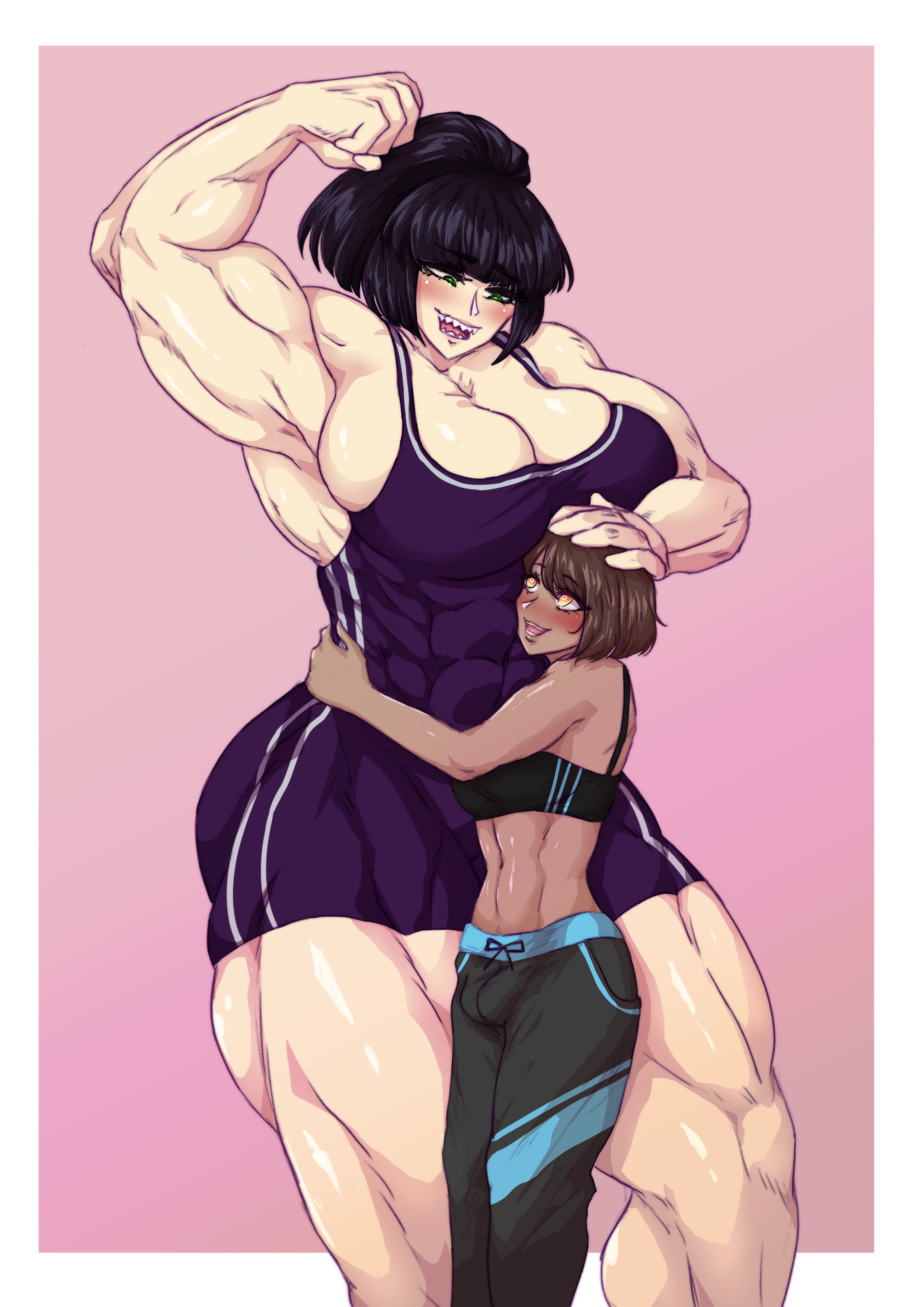 abs, bulge, dark skin, dark-skinned futa, elyunae, female, flexing, futa with female, futanari, intersex, muscular, muscular female, muscular futa, size difference, smaller futa