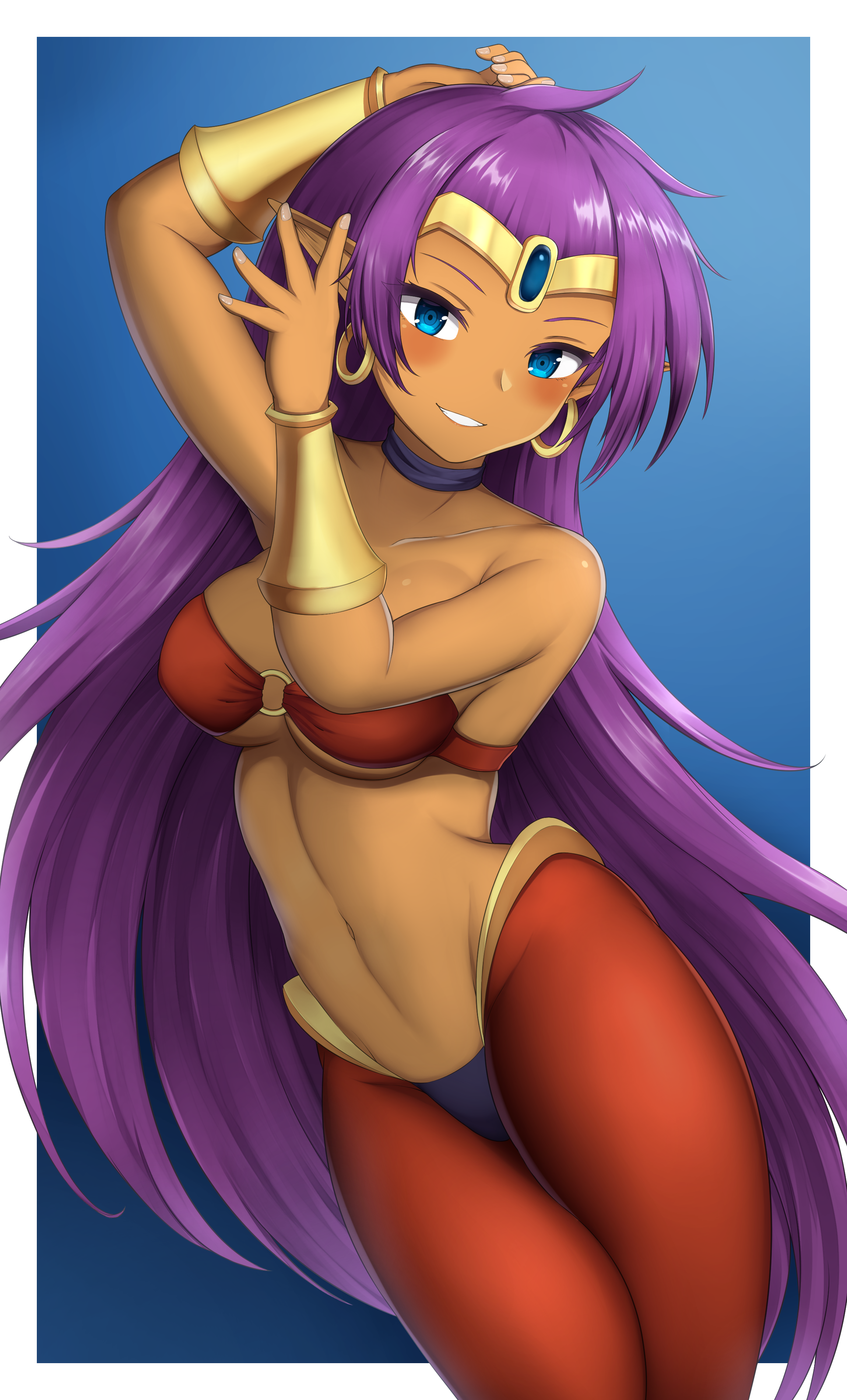 1girls, alternate hairstyle, arabian clothes, arm up, bare shoulders, barettoarts, belly button, black choker, blue background, blue eyes, blush, bracelet, breasts, brown skin, choker, cleavage, dark skin, dark-skinned female, earrings, female, female only, gradient, gradient background, grin, hair down, hand up, hands up, harem outfit, harem pants, highres, hoop earrings, jewelry, large breasts, legs, long hair, looking at viewer, midriff, navel, o-ring, o-ring top, outside border, purple hair, shantae, shantae (character), shiny, shiny hair, smile, smooth skin, solo, solo female, standing, stomach, strapless, tan skin, teeth, thighs, tiara, underboob, very long hair, white border