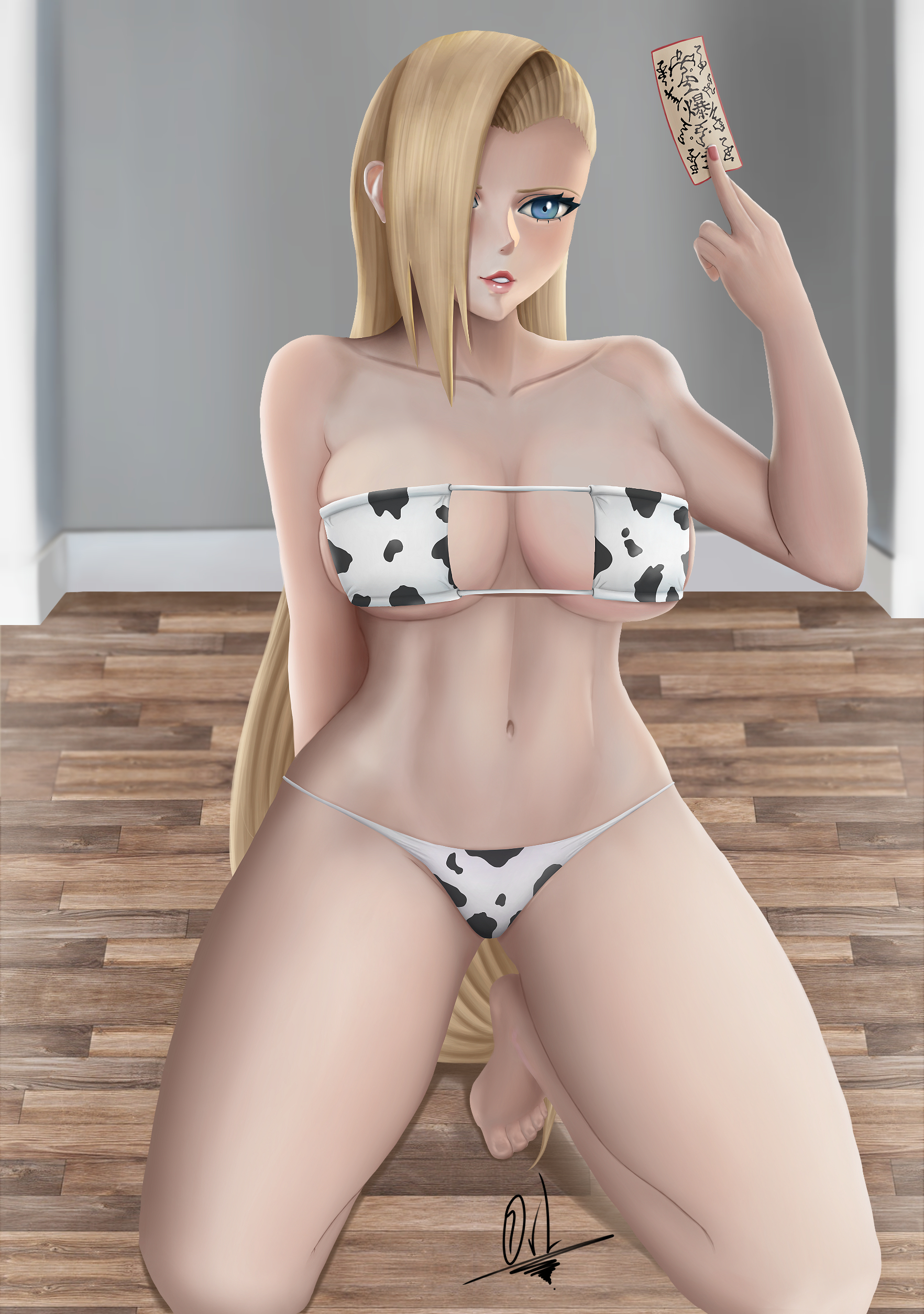 1girls, animal print, bare shoulders, barefoot, big breasts, bikini, blonde hair, blue eyes, breasts, clavicle, cleavage, collarbone, cow print, eyelashes, eyepatch bikini, feet, female, female only, hair over one eye, holding object, ino yamanaka, kneeling, lipstick, long hair, makeup, middle finger, nail polish, naruto, naruto (series), naruto shippuden, naruto: the last, orly20, parted lips, seal, strapless, strapless bikini, swimsuit, tiptoes, toes, very long hair