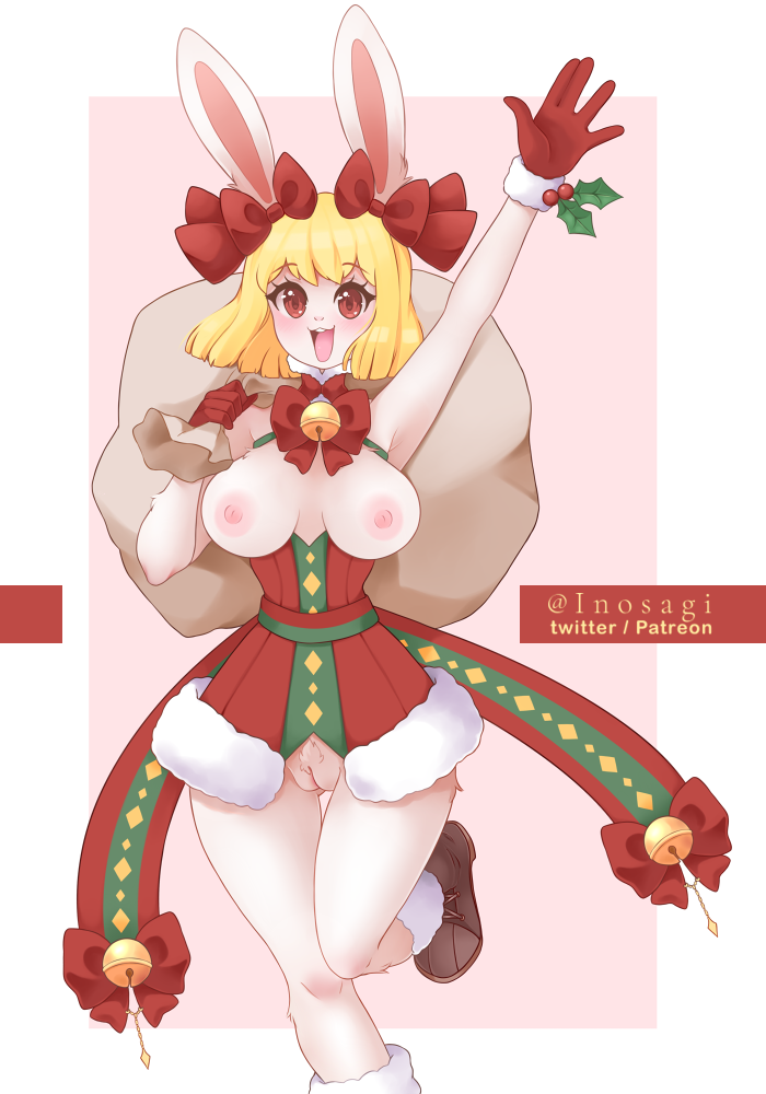 anthro bell bell_collar blonde_hair boots bow_ribbon breasts carrot_(one_piece) christmas christmas_clothing clothing collar female female_only footwear genitals hair holidays inosagi lagomorph leporid mammal nipples one_piece pussy rabbit red_eyes ribbons solo