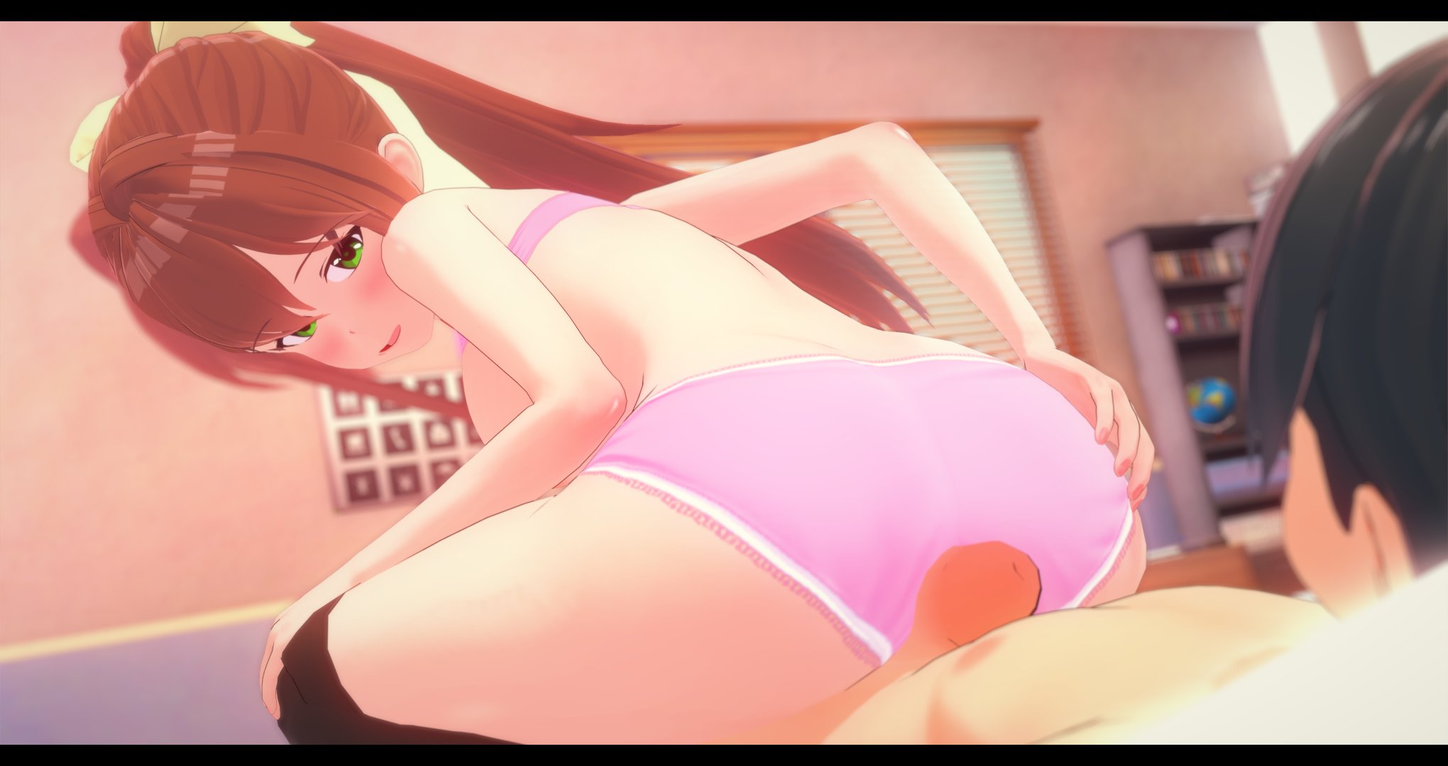 1boy, 1girls, 3d, ass, assjob, buttjob, clothed buttjob, cometz, doki doki literature club, female, koikatsu, looking back, male, monika (doki doki literature club), outercourse