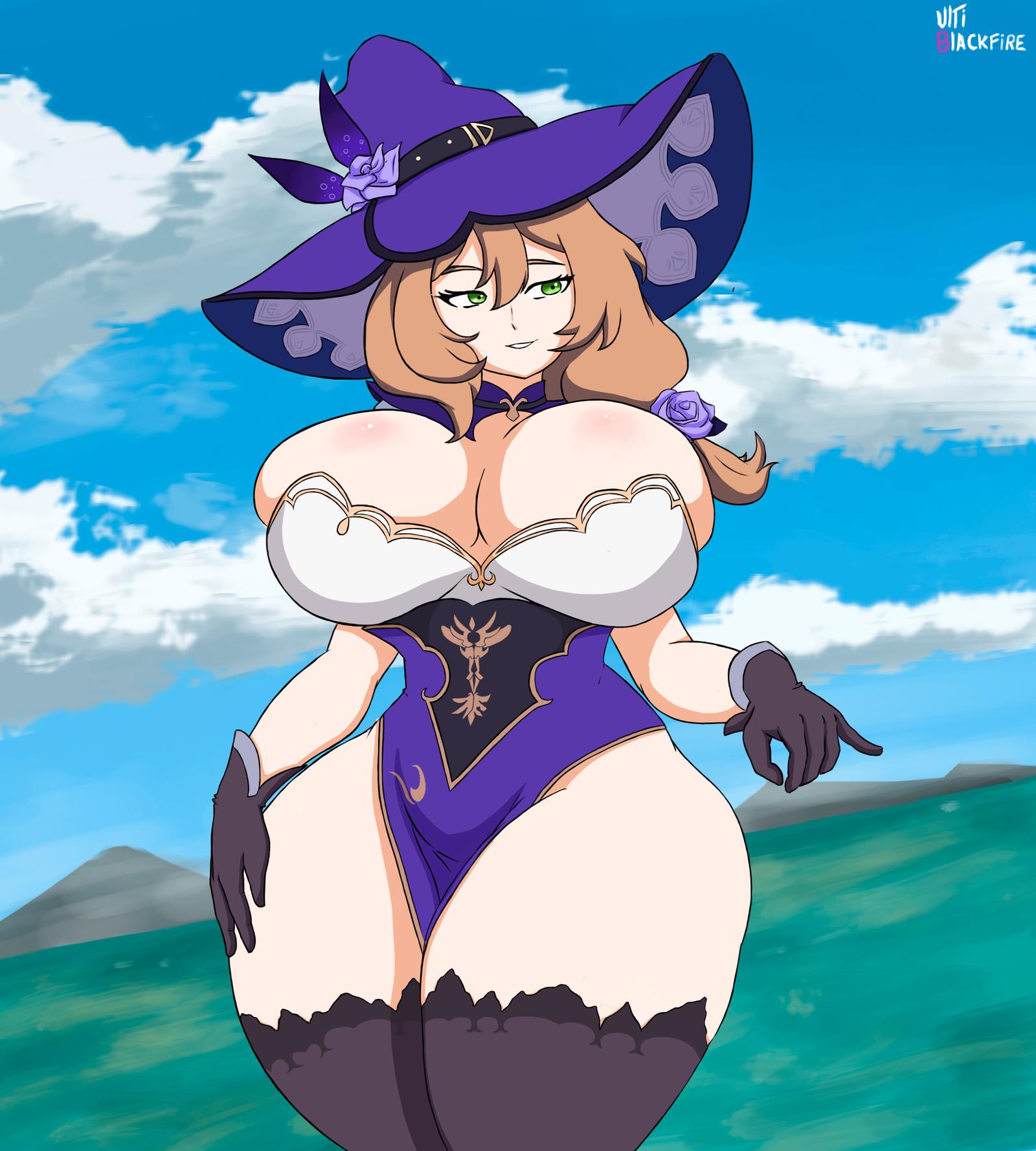 1girls, big breasts, breasts, female, female only, genshin impact, green eyes, large breasts, lisa (genshin impact), thick thighs, thighhighs, thighs, ultiblackfire, witch, witch hat
