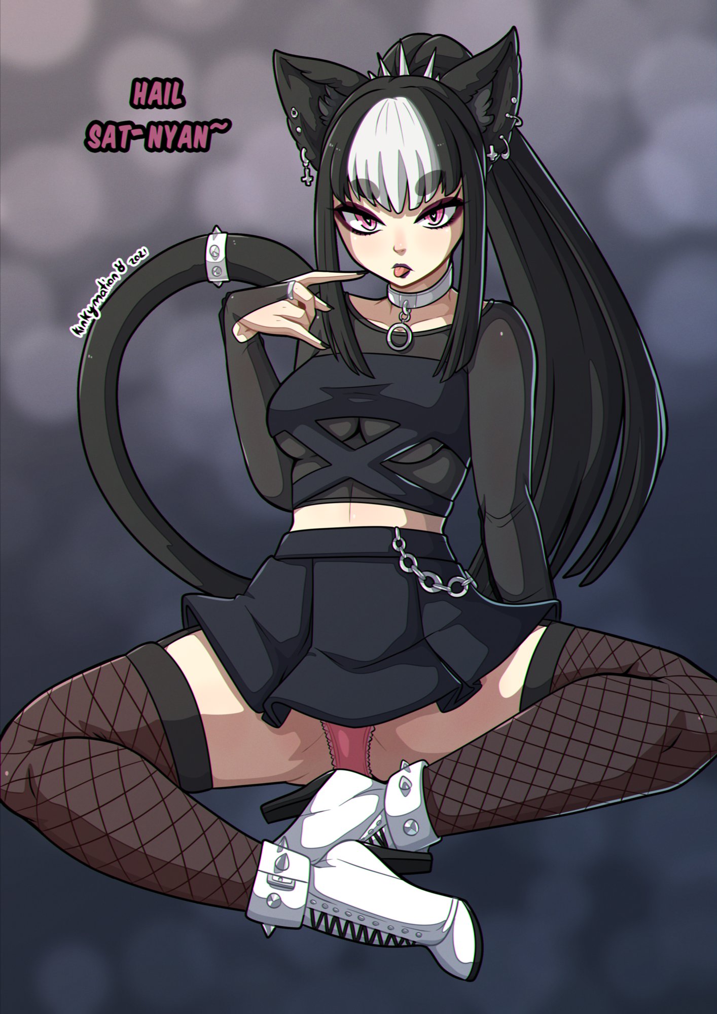 :p, 1girls, black hair, cat ears, cat girl, cat tail, catgirl, chains, clothing, collar, crossed legs, ear piercing, earrings, english text, eyebrows visible through hair, eyelashes, female, female only, fishnet stockings, goth, heel boots, high ponytail, highres, humanoid, kinkymation, long hair, looking at viewer, panties, pink eyes, sitting, solo, solo female, stockings, tail ring, thick eyebrows, thighhighs, white hair
