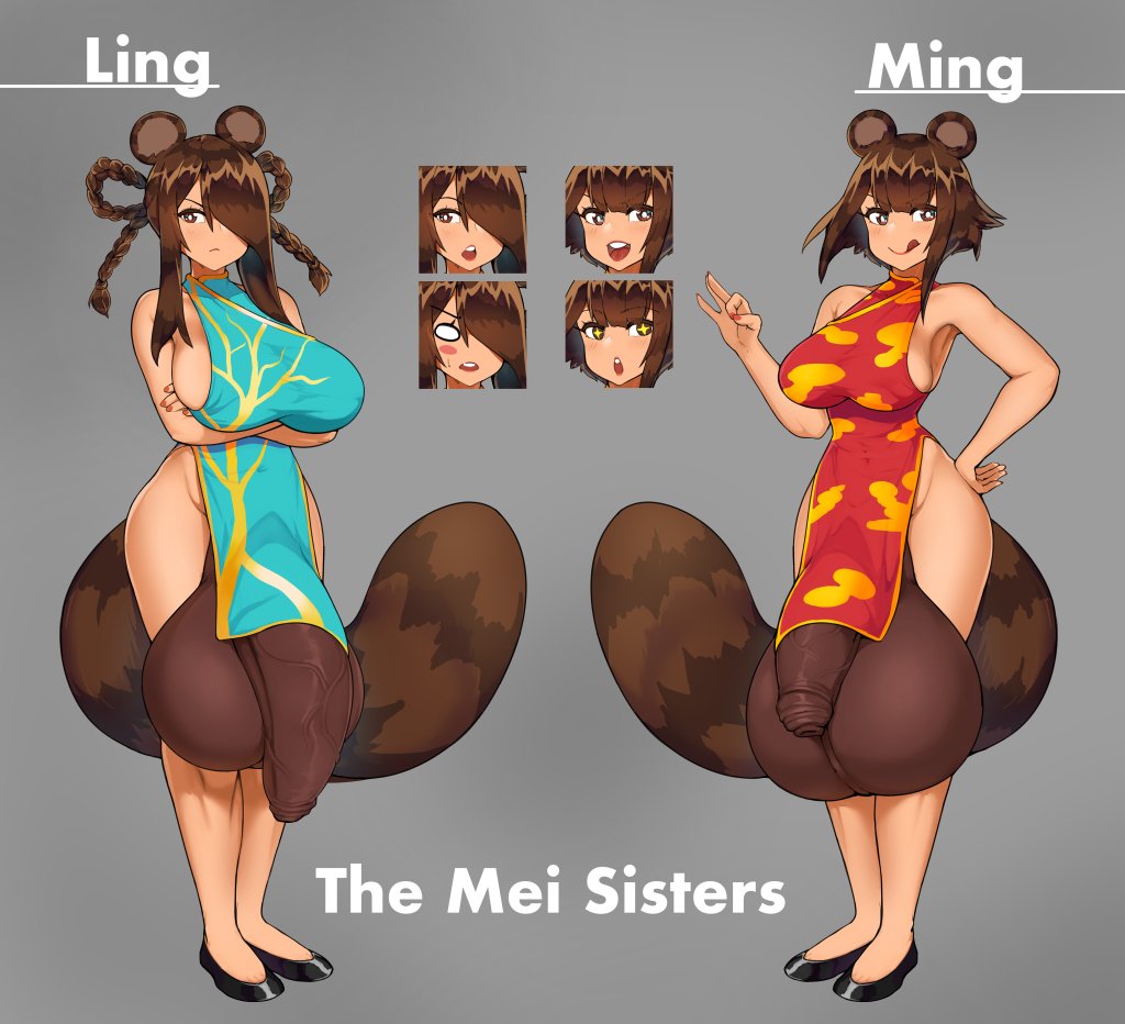 2futas, animal ears, balls, big breasts, breasts, cleavage, clothed, clothing, dickgirl, duo, erection, foreskin, futa only, futanari, gaikiken, huge balls, huge breasts, huge cock, huge testicles, humanoid, humanoid penis, hyper, hyper balls, hyper penis, intersex, kemonomimi, large breasts, partially clothed, penis, standing, tanuki, tanuki ears, testicles, thick thighs, uncircumcised, wide hips