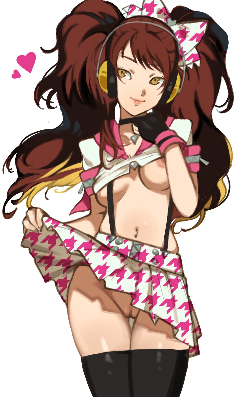 1girls, areolae, black thighhighs, breasts, breasts out, brown hair, clothed, clothing, exposed breasts, female, female only, flashing, gloves, hair ornament, hair ribbon, headphones, heart, hourglass figure, kujikawa rise, kujikawa rise (dancewear), labia, long hair, looking at viewer, medium breasts, navel, nipples, no bra, no panties, persona, persona 4, persona 4: dancing all night, pussy, roropull, shirt, shirt lift, short skirt, simple background, skirt, skirt lift, skirt lifted by self, smiling, smiling at viewer, solo, solo female, standing, thigh gap, thighhighs, thighs, twintails, undressing, upskirt, vagina, white background, yellow eyes