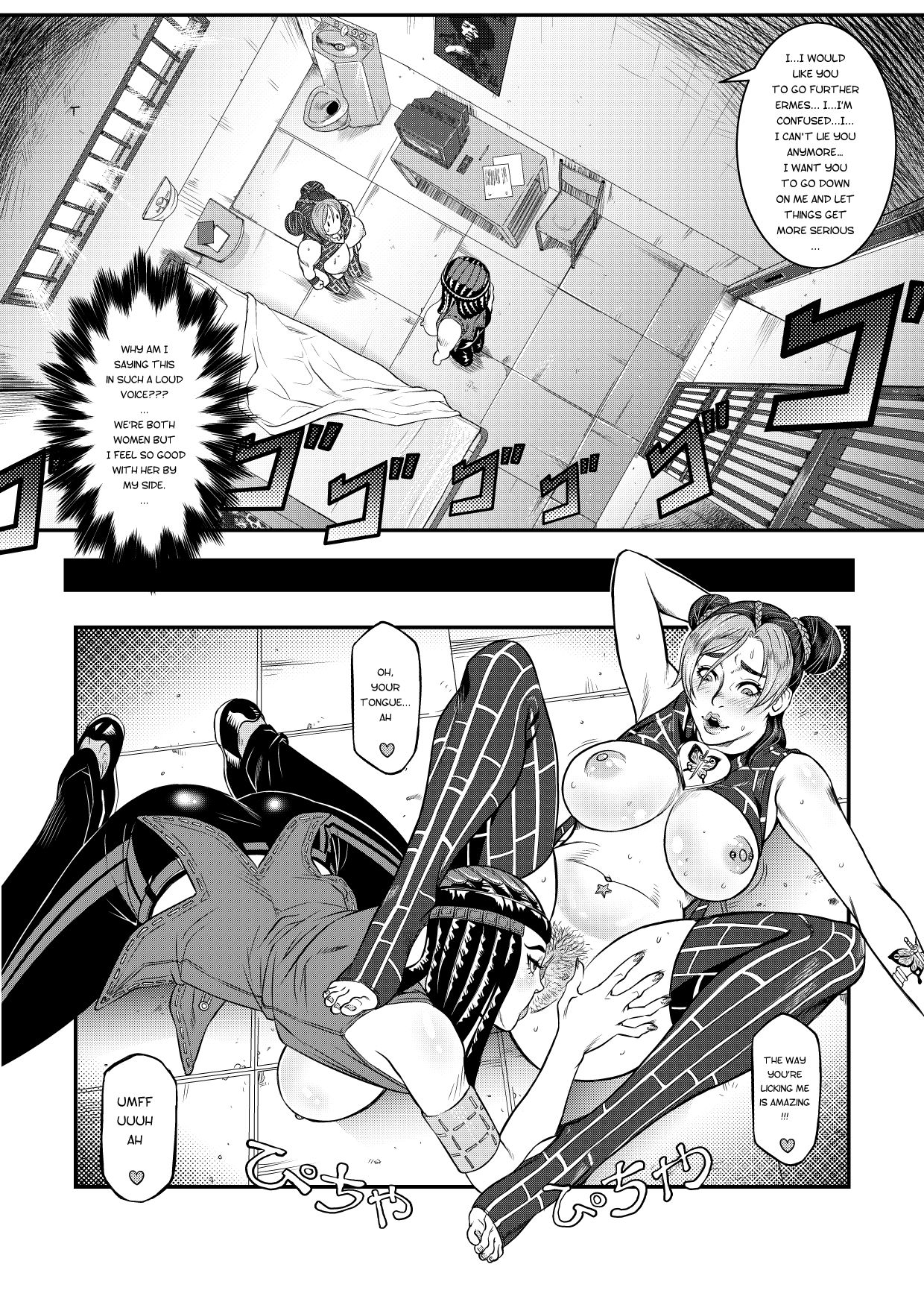2girls, armpits, big breasts, black hair, breasts, breasts out, comic, cunnilingus, english dialogue, ermes costello, female, female pubic hair, jojo's bizarre adventure, jolyne kujo, karasuh, lesbian, licking, monochrome, nipples, sexy armpits, stirrup legwear, stockings, stone ocean, text, toned, toned female, two-tone hair, yuri