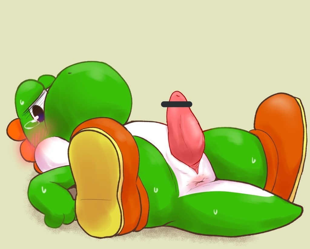 anthro anus blush boots clothing embarrassed erection footwear genitals male male_only mario_(series) namoke nintendo penis solo spread_legs spreading tapering_penis video_games yoshi