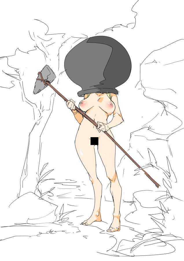 1girls barefoot breasts_apart cauldron censored covered_head female_only full_body getting_over_it hammer holding maruidon medium_breasts nature nude object_on_head outdoors rough_sketch sagging_breasts sketch solo standing stone_axe stone_hammer stone_sledgehammer tree unfinished_background you're_doing_it_wrong