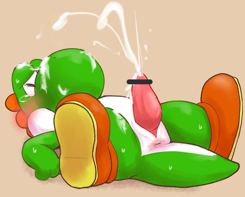 anthro anus blush bodily_fluids boots censor_bar clothing cum cum_on_face cum_on_self erection footwear genital_fluids genitals male male_only mario_(series) namoke nintendo penis solo spread_legs spreading tapering_penis video_games yoshi