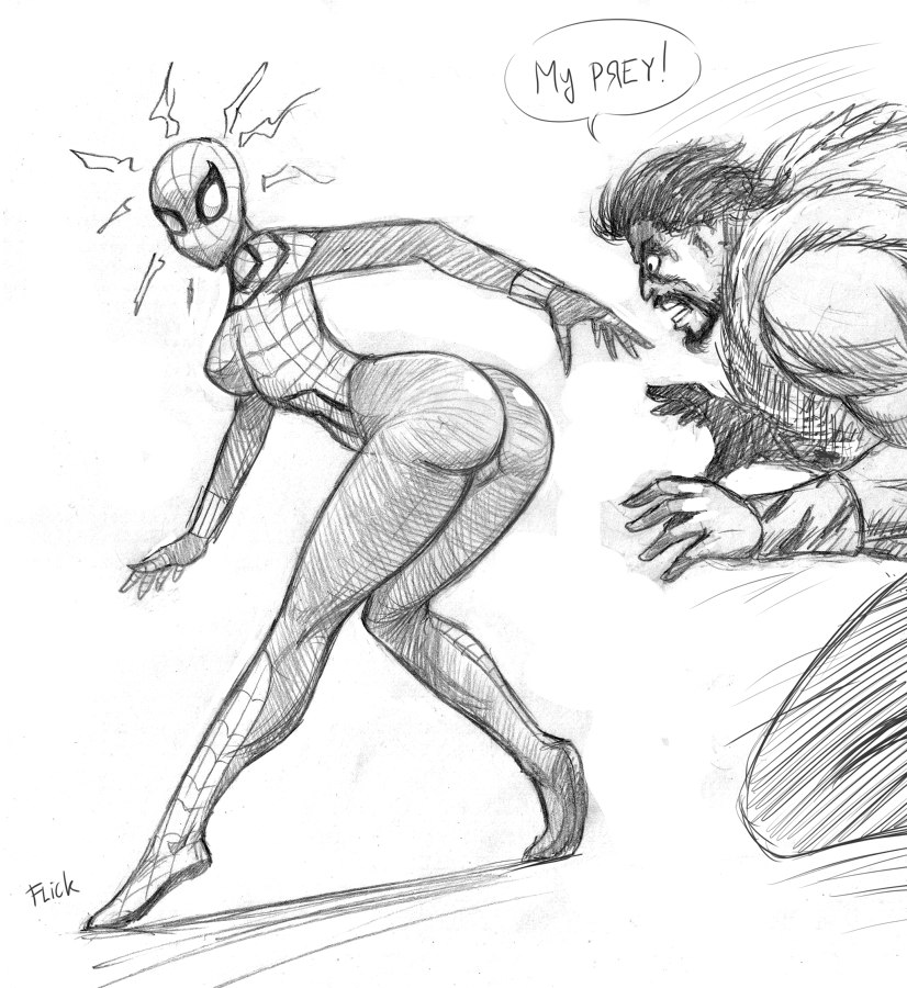 1boy 1girls ass ass_focus black_and_white bodysuit clothed_female dialogue english_text female flick human human_only humor imminent_sex kraven_the_hunter light-skinned_male light_skin male marvel marvel_comics mayday_parker sergei_kravinoff sketch speech_bubble spider-girl spider-man_(series) spider_sense straight superheroine supervillain