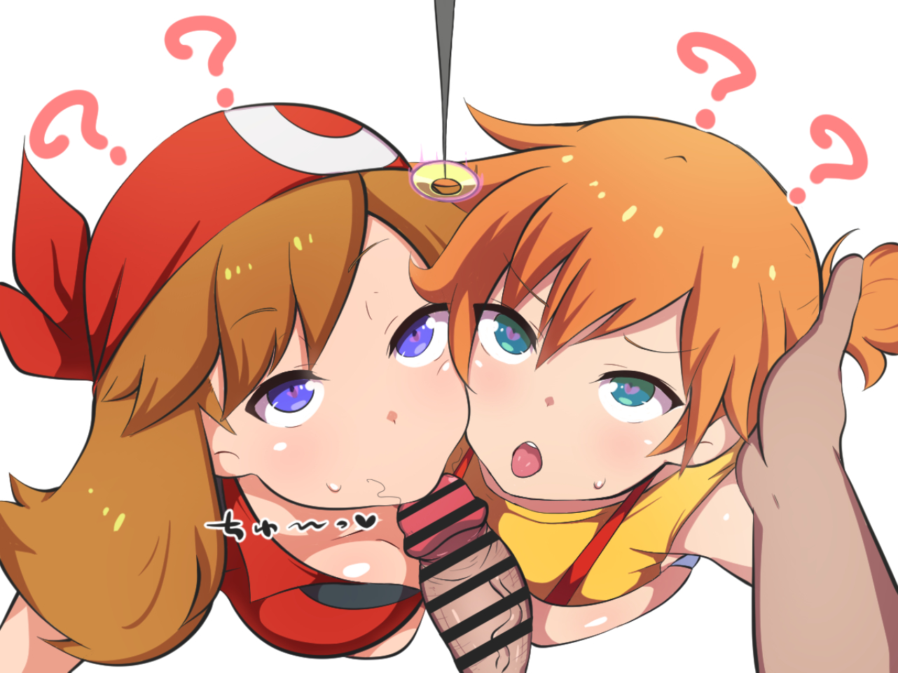 :>=, 1boy, 2girls, bar censor, blue eyes, breasts, brown hair, censored, censored penis, dd (artist), female, green eyes, heart-shaped pupils, hypnosis, kasumi (pokemon), male, may (pokemon), mind control, multiple females, multiple girls, oral, oral sex, orange hair, penis, pokemon, pokemon rgby, pokemon rse, red hair, simple background, sucking