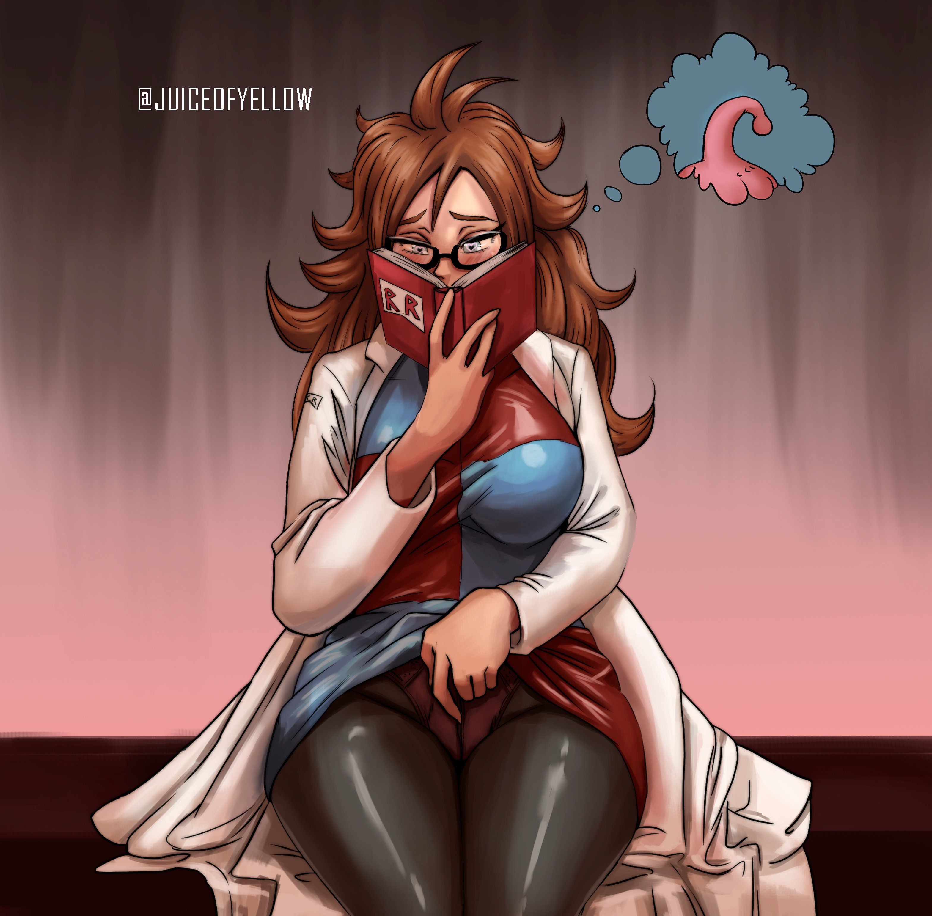 1girls, alternate version available, android 21, android 21 (human), aroused, blue eyes, blush, book, breasts, brown hair, clothed, dragon ball, dragon ball fighterz, female, female only, glasses, heart-shaped pupils, juiceofyellow, labcoat, large breasts, long hair, majin buu, masturbation, reading, sitting, solo, thought bubble