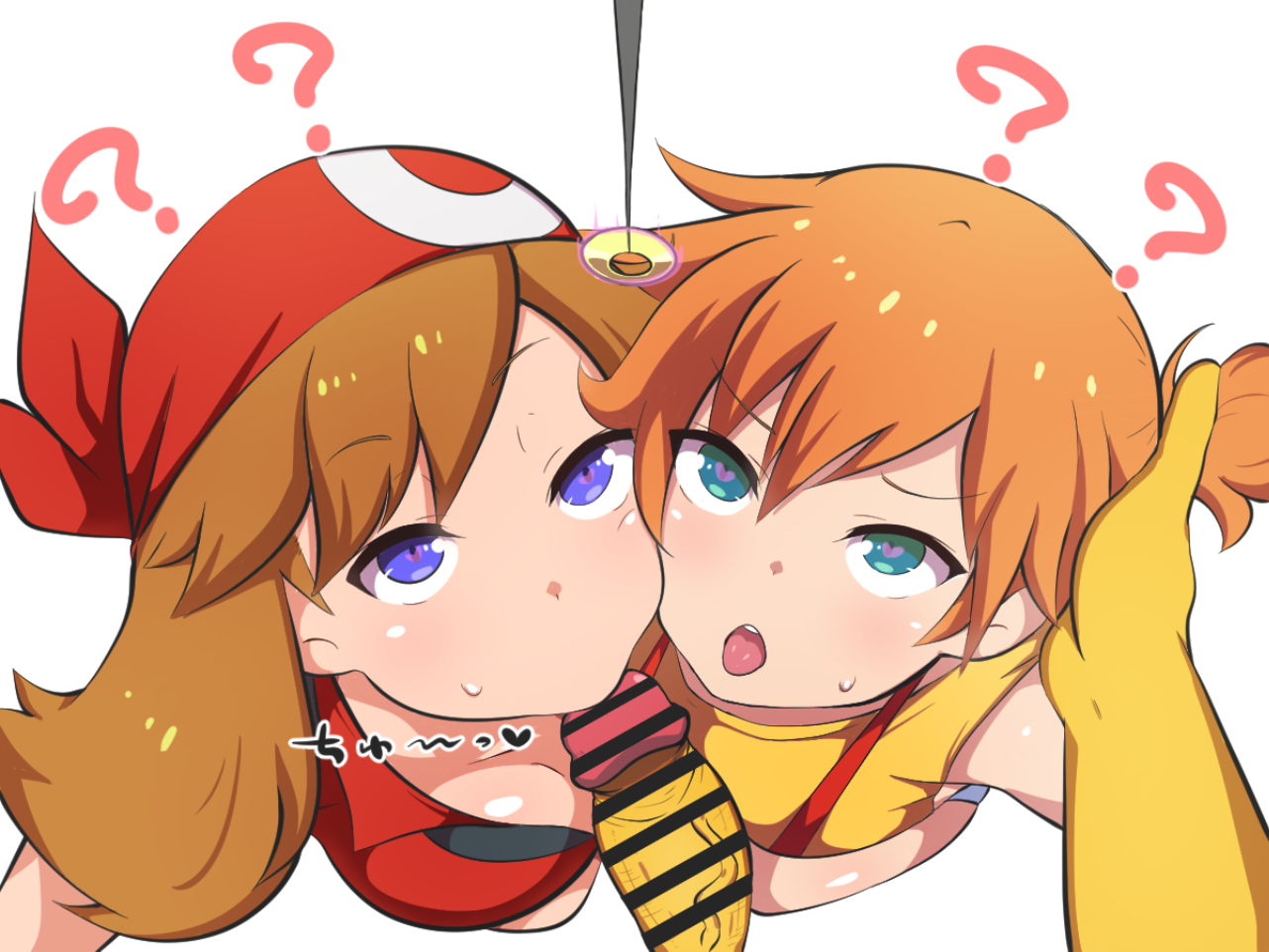 :>=, 1boy, 2girls, bar censor, blue eyes, breasts, brown hair, censored, censored penis, dd (artist), female, green eyes, heart-shaped pupils, hypno, hypnosis, kasumi (pokemon), male, may (pokemon), mind control, multiple females, multiple girls, oral, oral sex, orange hair, penis, pokemon, pokemon (species), pokemon rgby, pokemon rse, pokephilia, red hair, simple background, sucking