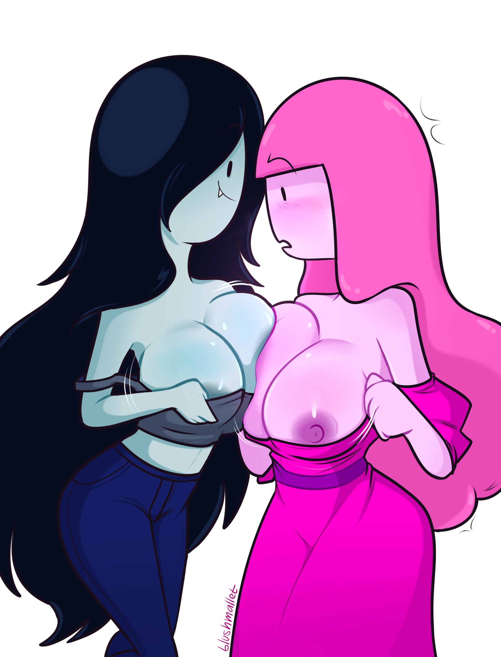 2021, 2girls, adventure time, alternate breast size, big breasts, black hair, blushmallet, breasts, breasts out, canon couple, cartoon network, clothed, female, female focus, female only, huge breasts, large breasts, marceline, multiple females, multiple girls, nipples, pink hair, pink skin, princess bubblegum, vampire, white background, yuri