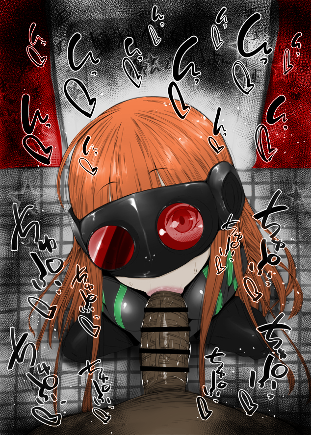 :>=, 1boy, alternate costume, bangs, bar censor, big penis, black penis, blush, bodysuit, breasts, censored, color, colored, dark skin, dark-skinned male, eyebrows visible through hair, fellatio, female, from above, goggles, heart, indoors, interracial, kurotama, long hair, looking at penis, male, mask, medium breasts, oral, penis, persona, persona 5, phantom thief suit, pointless censoring, pov, sakura futaba, solo focus, sound effects, squatting, straight, tile floor, tiles, toilet