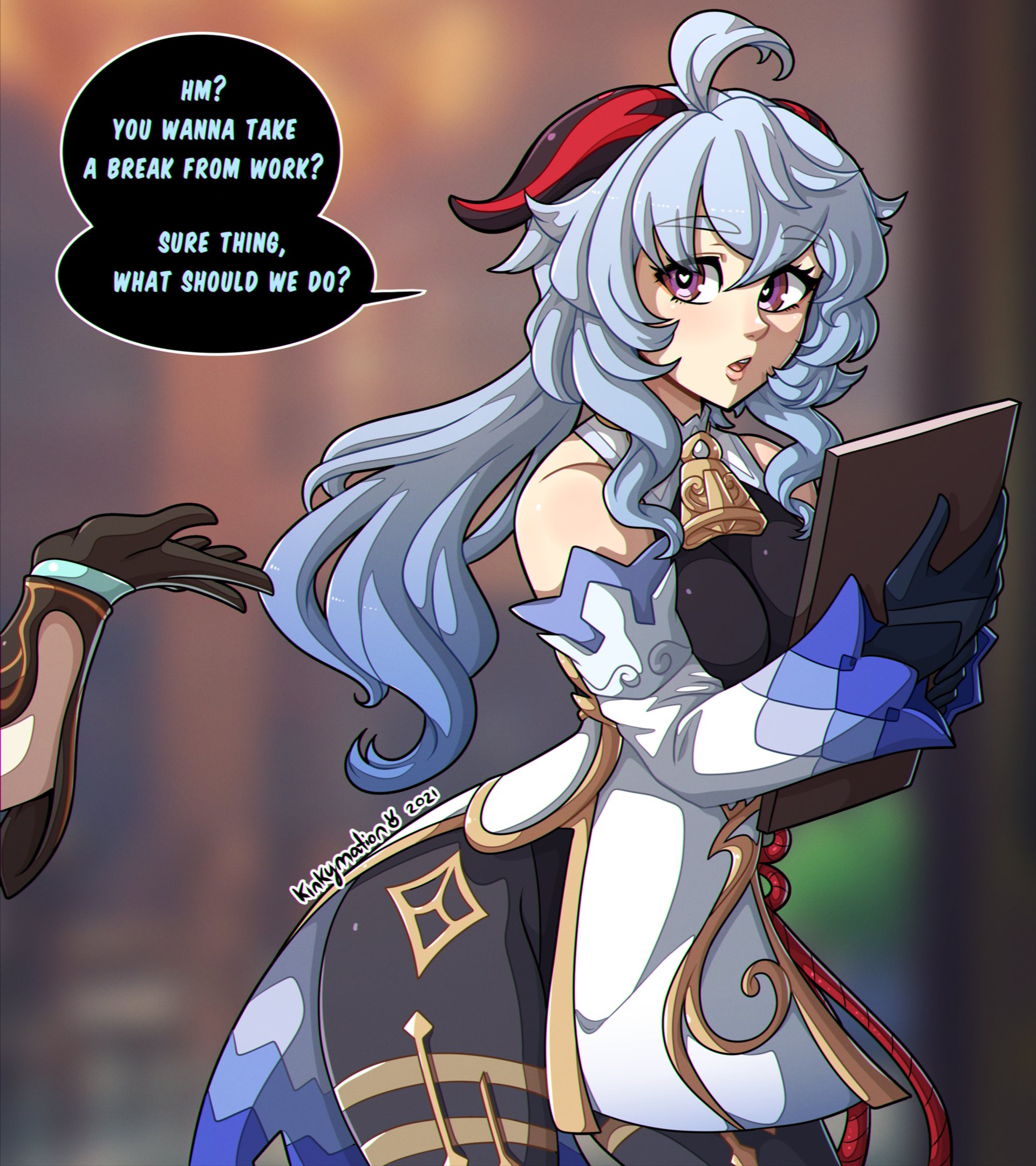 1boy, 1girls, aether (genshin impact), ahoge, blue hair, blurry background, clothing, cowbell, dialogue, english text, female, female focus, ganyu (genshin impact), genshin impact, heart-shaped pupils, highres, horns, kinkymation, long hair, looking at another, male, purple eyes, speech bubble, text, text bubble