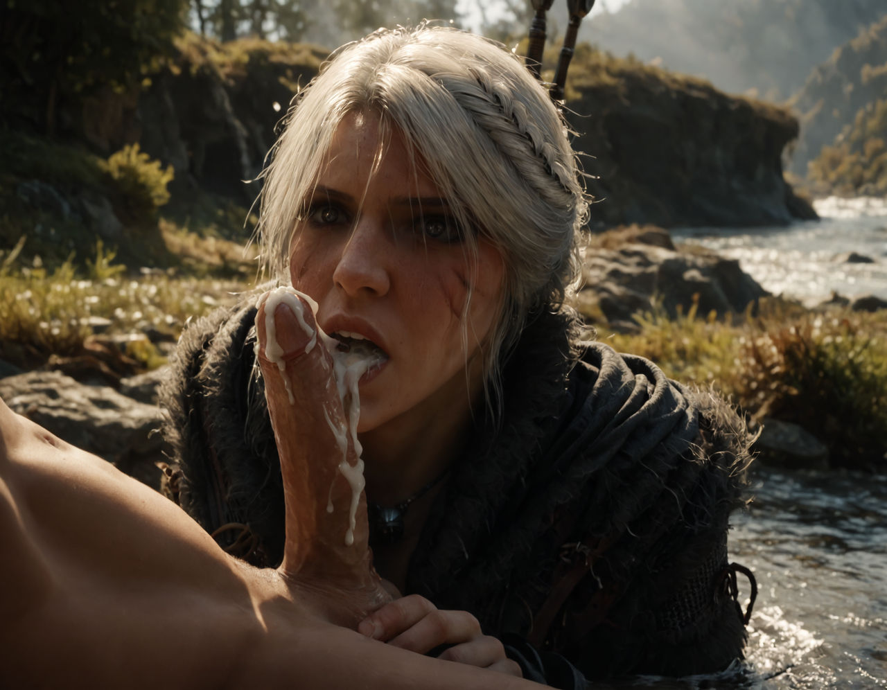 after_fellatio after_oral ai_generated braid cd_projekt_red ciri cum cum_in_mouth female light-skinned_female light-skinned_male male open_mouth outdoors penis qintin scar the_witcher_(series) the_witcher_4 white_hair