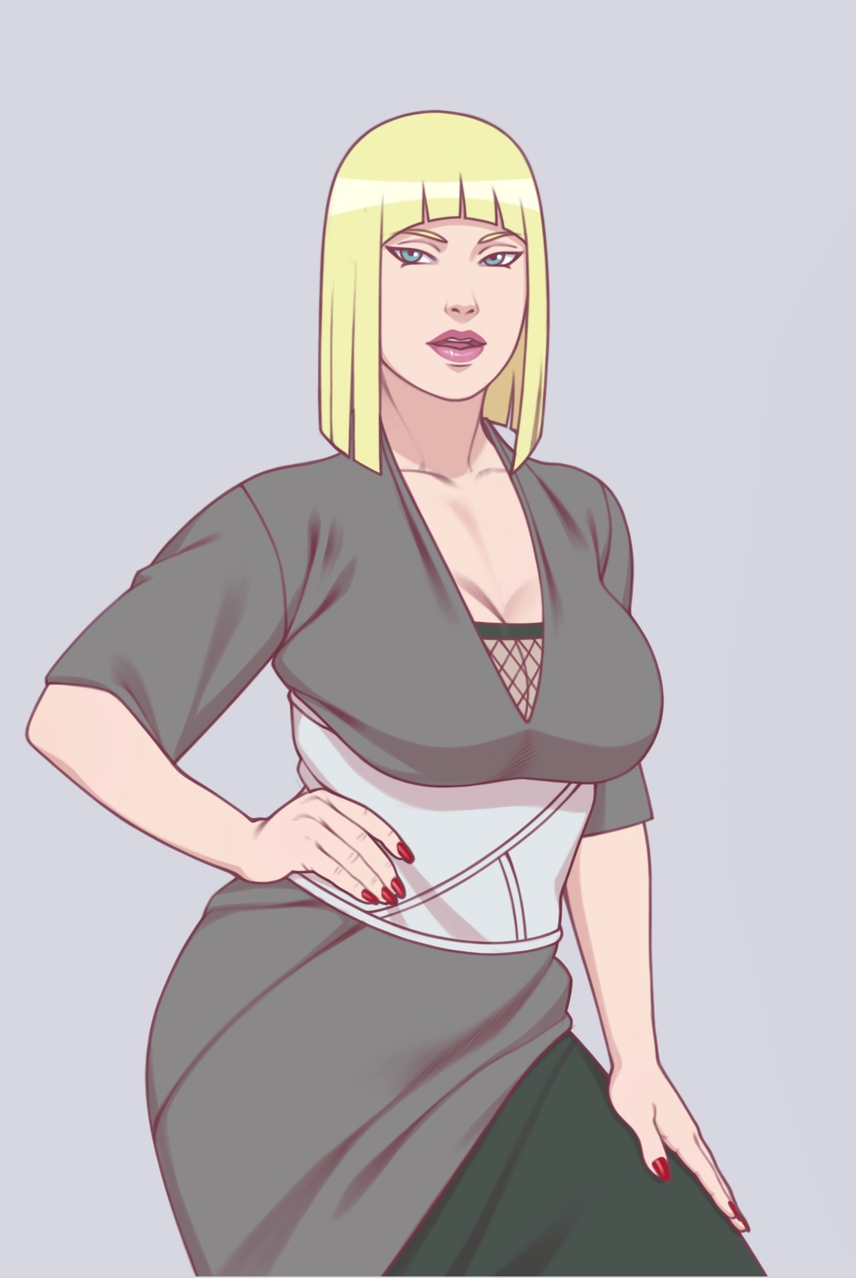 1girls, big breasts, blonde hair, blue eyes, blunt bangs, bob cut, breasts, busty, cleavage, clothing, female, female only, fully clothed, hand on thigh, hand on waist, kimono, lipstick, long hair, makeup, nail polish, naruto, naruto (series), naruto shippuden, open mouth, reserexerion, samui