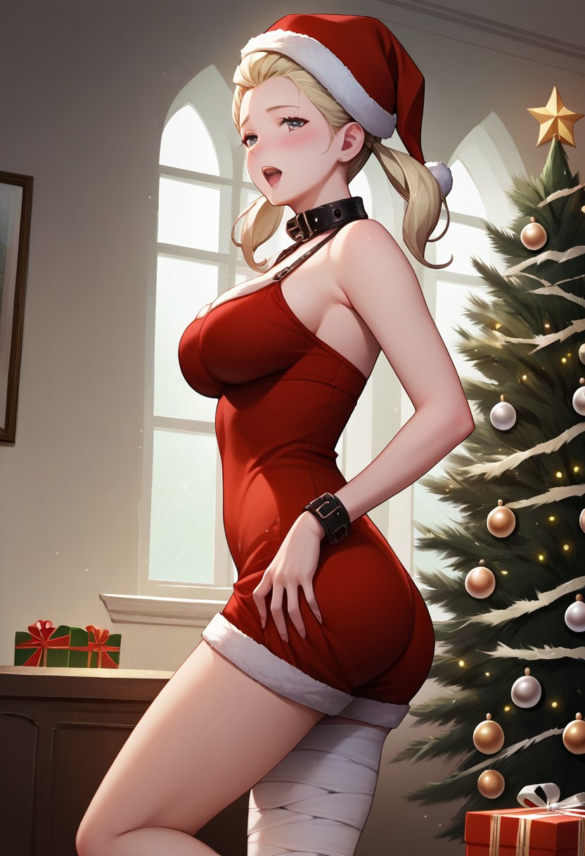 ai_generated ass ass_grab bandaged_leg blonde_female blonde_hair blue_eyes christmas christmas_outfit christmas_tree fio_(nier_reincarnation) large_breasts looking_at_viewer nier nier_reincarnation pale-skinned_female red_dress santa_hat twintails