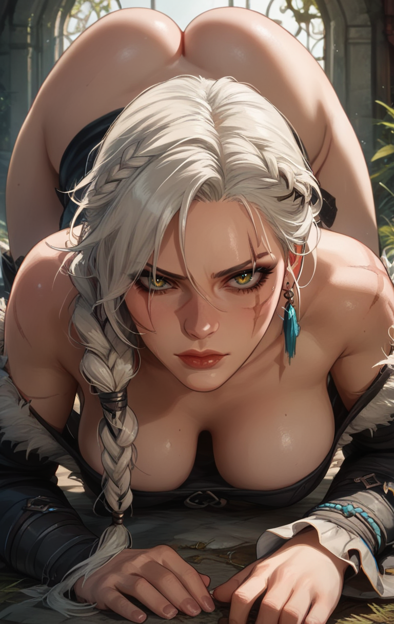 ai_generated ass ass_up braid breasts cd_projekt_red ciri eepol female light-skinned_female looking_at_viewer scar solo the_witcher_(series) the_witcher_4 white_hair yellow_eyes