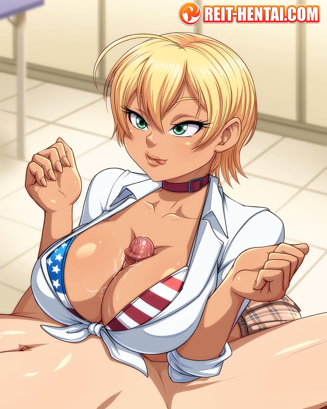 1boy 1girls american_flag american_flag_bikini big_breasts blonde blonde_hair breasts choker clothed clothed_female_nude_male dark_skin faceless_male female green_eyes huge_breasts mito_ikumi nude_male outercourse paizuri paizuri_under_clothes penis precum reit shokugeki_no_souma tagme watermark