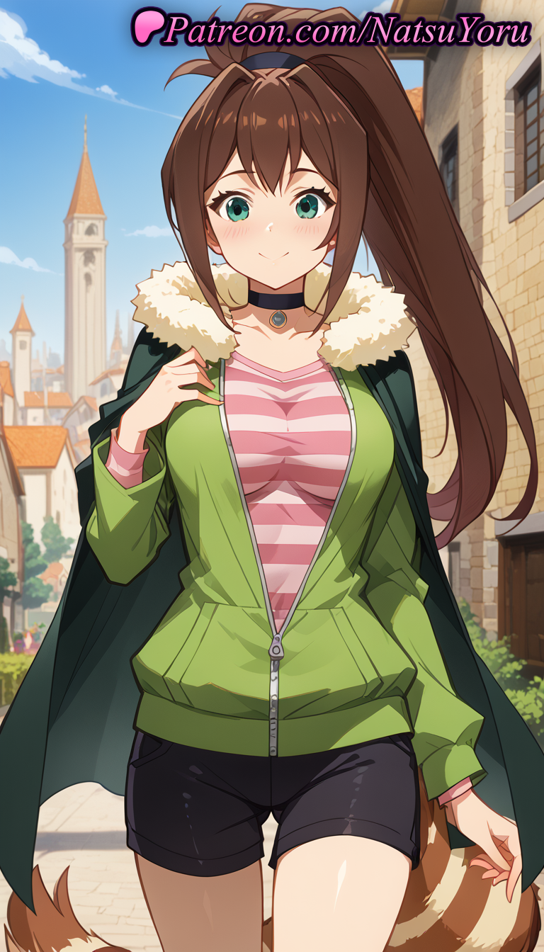 1girls ai_generated anime anime_style aqua_eyes bangs black_choker black_shorts blue_sky blush breasts brown_hair building bust busty cape choker closed_mouth collarbone cowboy_shot day female female_focus female_only fur-trimmed_cape fur_trim green_cape green_eyes green_jacket hair_intakes hand_on_own_chest hand_up hentai high_ponytail jacket jewelry kono_subarashii_sekai_ni_shukufuku_wo! large_breasts long_hair long_sleeves looking_at_viewer natsuyoru open_clothes open_jacket outdoors partially_unzipped pink_shirt ponytail raccoon_tail rin_(konosuba) shirt short_shorts shorts sky smile solo solo_female standing striped striped_clothes striped_shirt tail thigh_gap tshirt voluptuous voluptuous_female zipper zipper_pull_tab