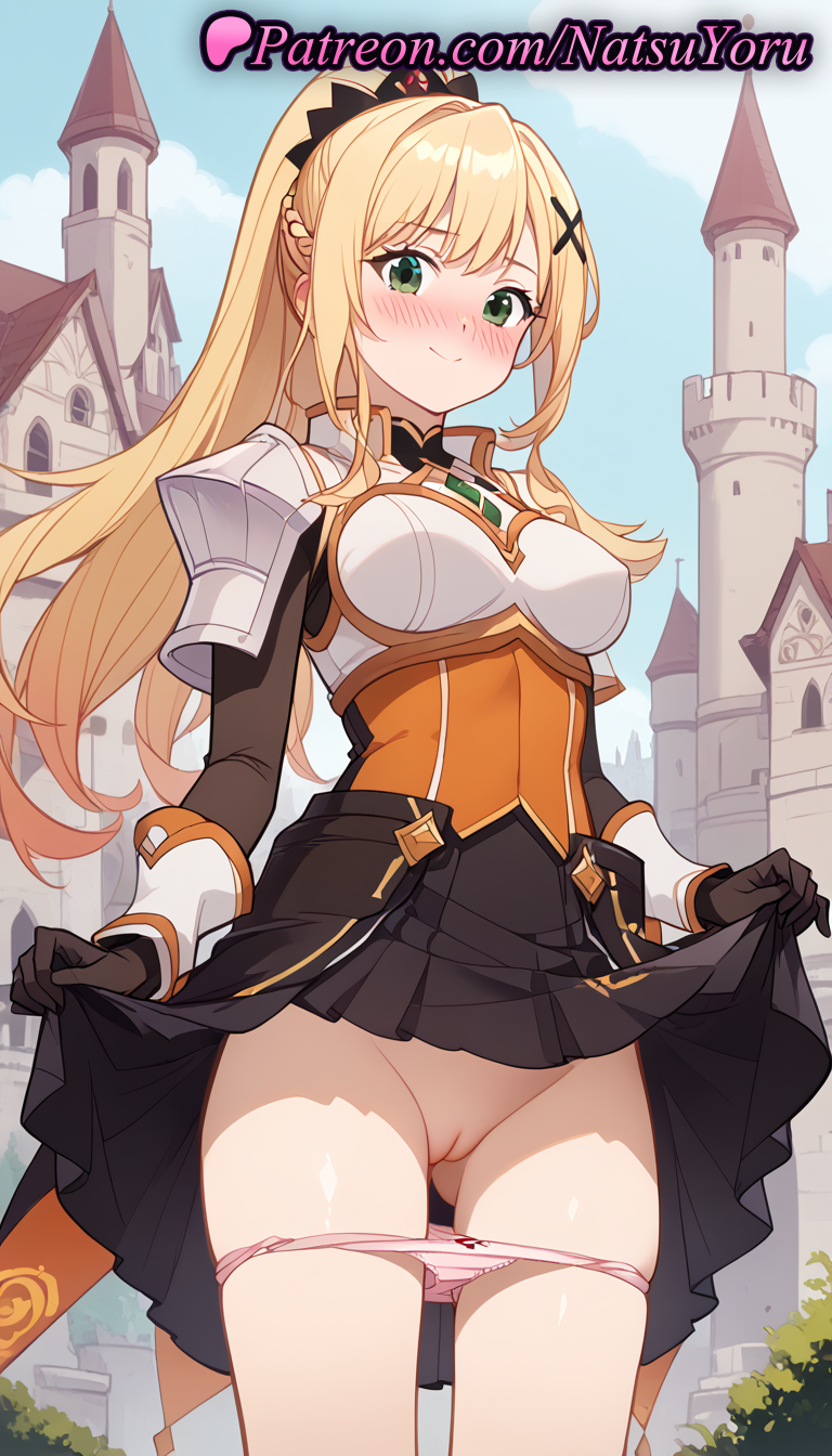 1girls ai_generated anime anime_style armor ass_visible_through_thighs bangs black_gloves black_skirt blonde_hair blush boobplate bow bow_panties braid breastplate breasts bust busty castle cleft_of_venus closed_mouth clothes_lift cowboy_shot crown_braid darkness_(konosuba) day female female_focus female_only gloves green_eyes hair_ornament hentai kono_subarashii_sekai_ni_shukufuku_wo! labia lifted_by_self long_hair long_sleeves looking_at_viewer medium_breasts natsuyoru nose_blush outdoors paipan panties pantsu panty_pull pauldrons pink_panties pleated_skirt ponytail pussy shoulder_armor sidelocks skirt skirt_lift sky smile solo solo_female standing uncensored underwear vagina voluptuous voluptuous_female x_hair_ornament