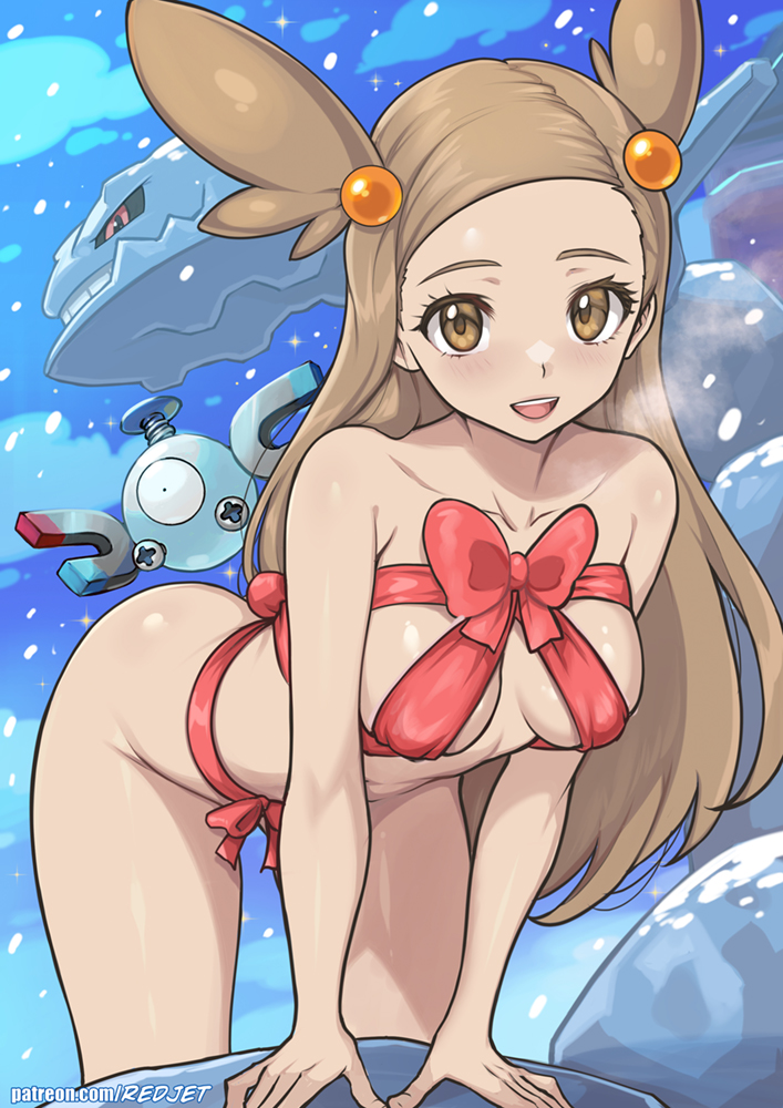 bow brown_hair jasmine_(pokemon) magnemite pokemon pokemon_(species) redjet small_breasts steelix