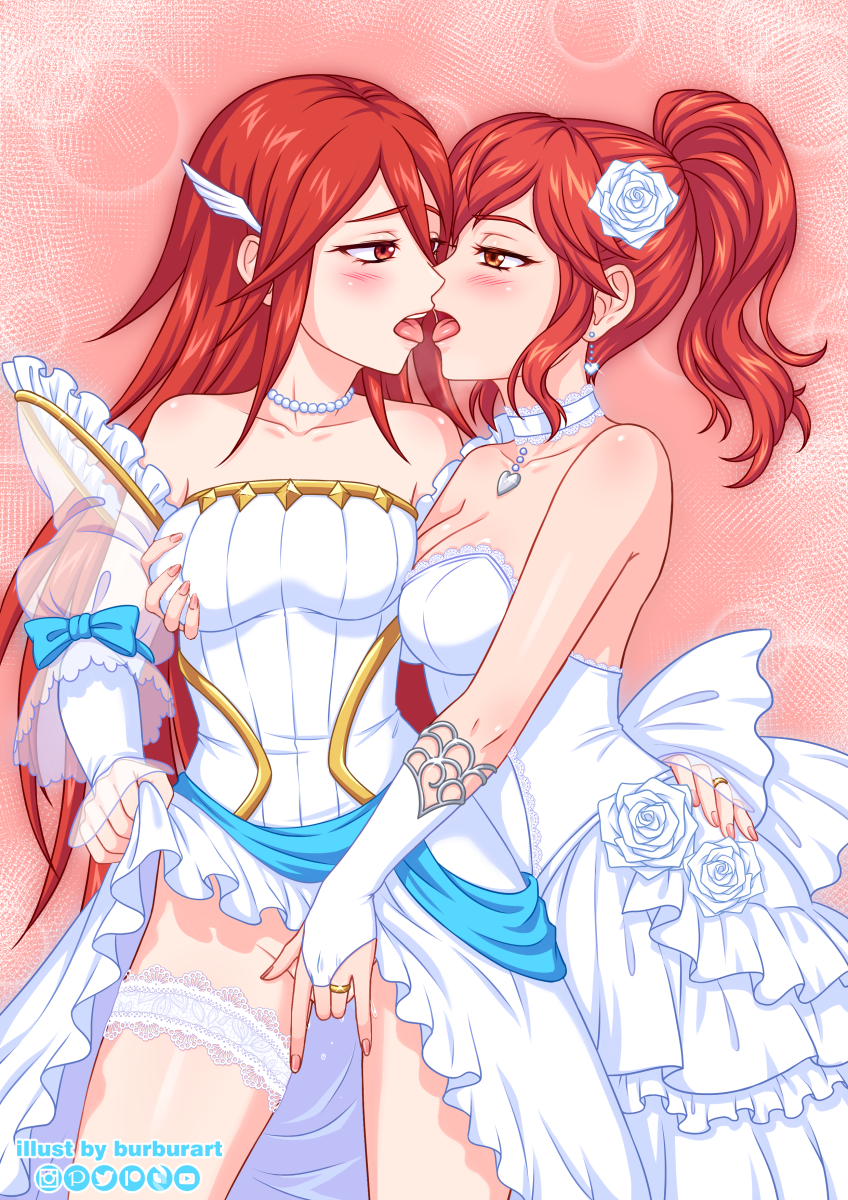 2girls alternate_costume anna_(fire_emblem) anna_(fire_emblem_awakening) bare_legs bare_shoulders big_breasts blush breast_grab bride burbur clothing collarbone cordelia_(bridal)_(fire_emblem) cordelia_(fire_emblem) dress dress_lift female_only fingering fingering_partner fire_emblem fire_emblem_awakening fire_emblem_heroes flower french_kiss imminent_kiss kissing long_hair medium_breasts medium_hair multiple_girls nintendo no_panties ponytail red_eyes red_hair ring sleeveless sleeveless_shirt tongue tongue_out vaginal_penetration very_long_hair wedding_dress wedding_ring white_dress wife_and_wife yuri