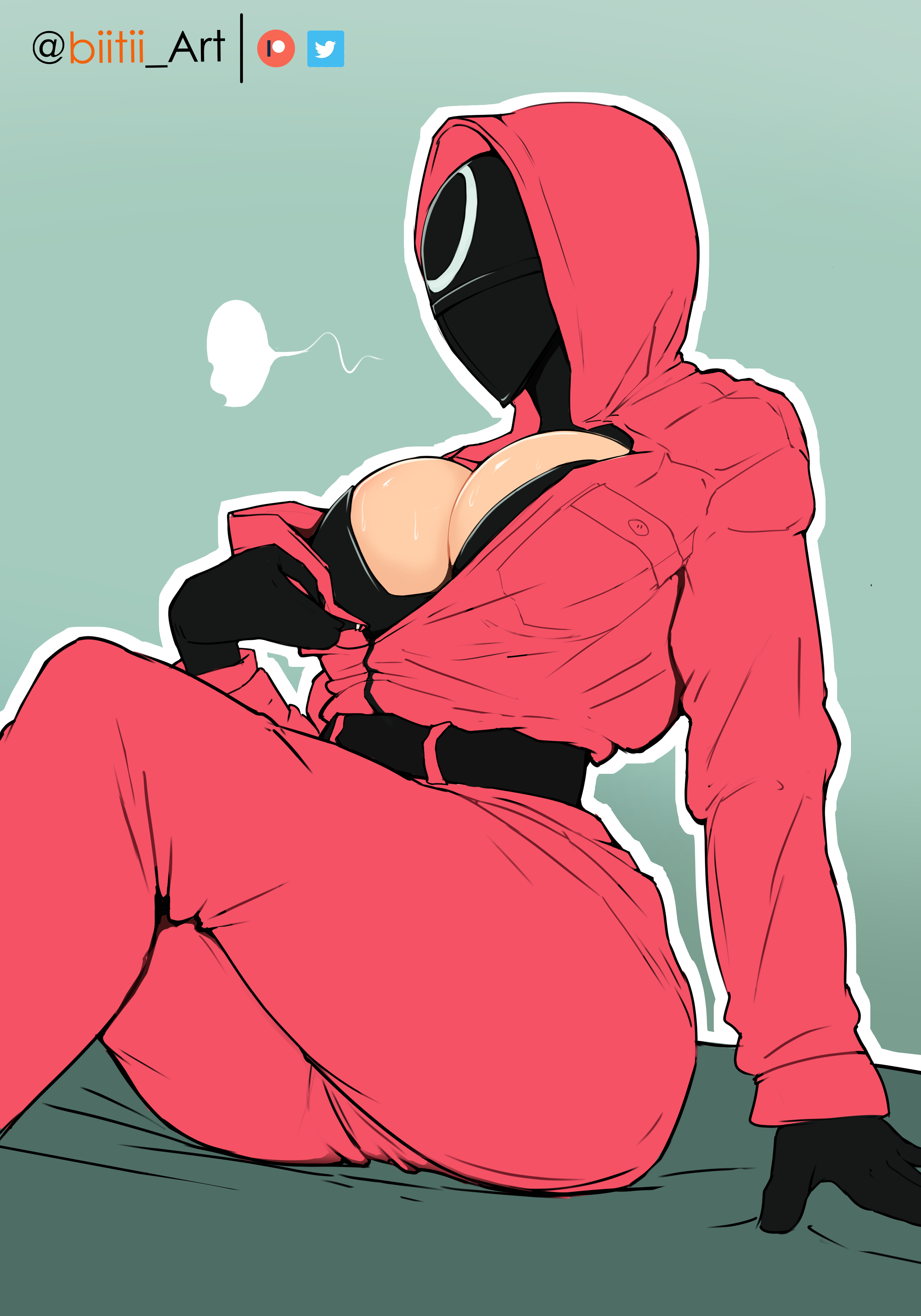 1girls, artist name, big breasts, biitii art, breasts, circle (squid game), cleavage, female, female only, netflix, pink guard, sitting, solo, squid game, unzipped, unzipped bodysuit, unzipping