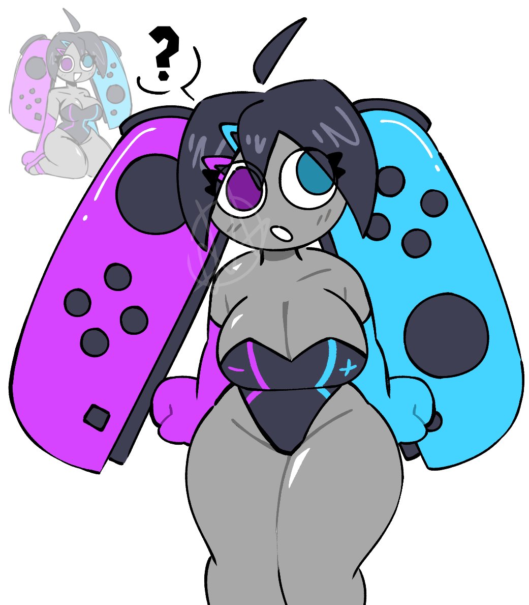 alternate_version_available artist_request artist_unknown big_breasts breasts cleavage cleavage_focus gijinka gray_body grey_skin huge_thighs joycon_controller nintendo nintendo_switch one-piece_swimsuit switch switch_console tagme tagme_(artist) thick_thighs thighs thighs_bigger_than_head thighs_together twintails