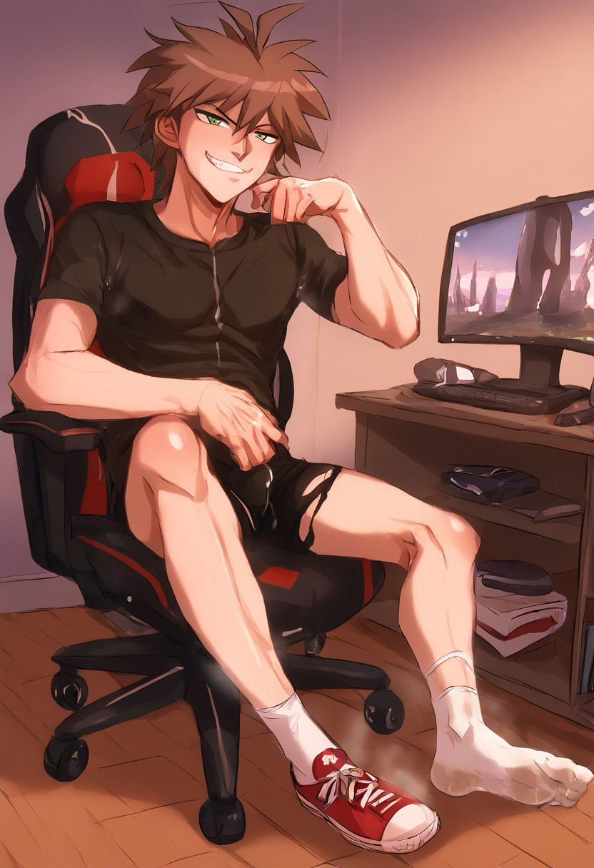 1boy ai_generated bulge danganronpa dirty_socks foot_fetish gaming_chair gay indoors male_only musk naegi_makoto ripped_clothing socks steam steamy underwear yaoi