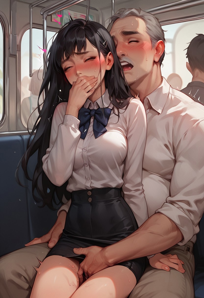 ai_generated black_hair blush brown_eyes fingering grey_hair handsome long_hair mini_slut moaning molestation muscular_male older_male primal_urges public short_skirt tall tight_clothing train younger_female