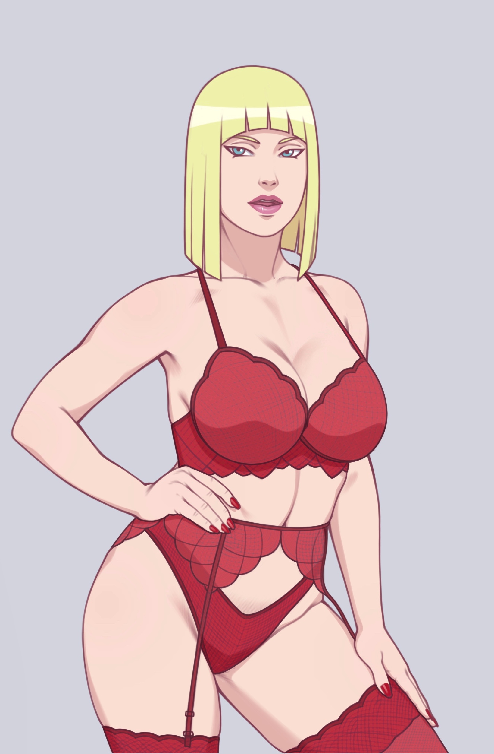 1girls, alternate costume, alternate version available, bare shoulders, big breasts, blonde hair, blue eyes, blunt bangs, bob cut, bra, breasts, busty, cleavage, female, female only, garter belt, garter straps, hand on thigh, hand on waist, lingerie, lipstick, long hair, makeup, nail polish, naruto, naruto (series), naruto shippuden, open mouth, panties, reserexerion, samui, solo, stockings, underwear
