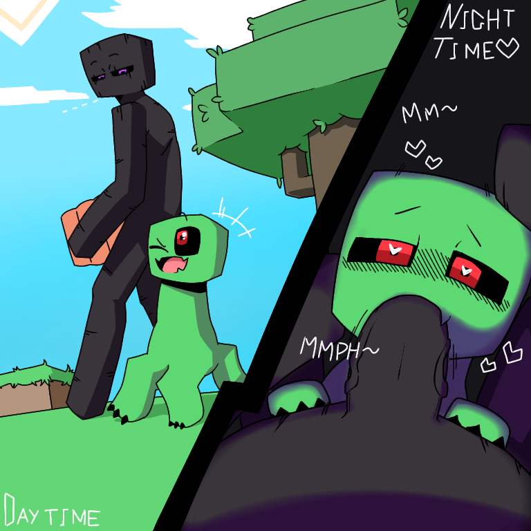 1boys ambiguous_gender black_body blowjob blush creeper enderman green_body hand_on_head heart-shaped_pupils heart_eyes heart_symbol interspecies looking_at_partner looking_at_viewer looking_up male male/ambiguous minecraft mojang oral outdoors pov purple_eyes red_eyes tree video_games