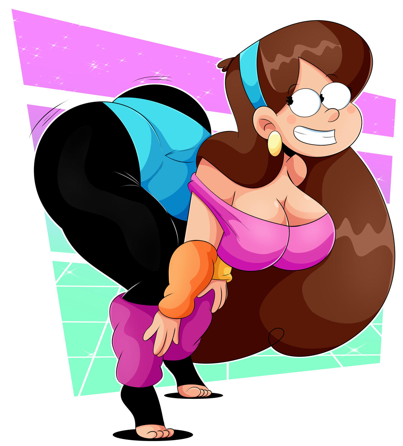 1girls 80's_theme aged_up ass barefoot bending_over big_ass big_breasts black_eyes breasts brown_hair busty cleavage clothed disney disney_channel earrings feet female female_only fully_clothed gravity_falls headband huge_ass huge_breasts jewelry looking_back mabel_pines motion_lines smile solo sonson-sensei toes twerking workout_clothes