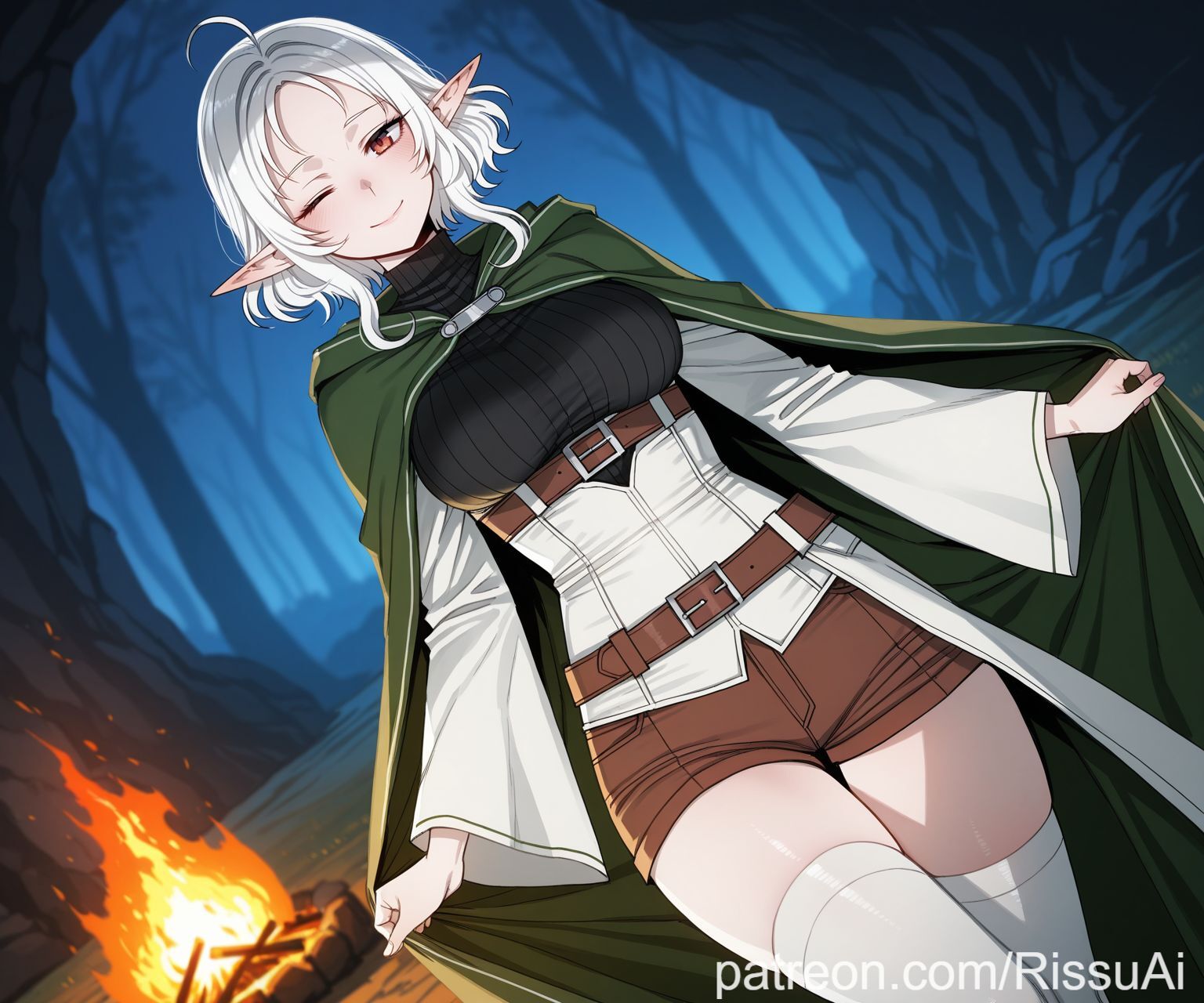 1girls, 2026, ai generated, big ass, big breasts, black shirt, blurry background, brown belt, brown eyes, brown shorts, campfire, camping, cave, elf, elf ears, elf female, female, female only, green cape, green robe, horny, horny female, in heat, looking at viewer, looking at you, mushoku tensei, mushoku tensei: isekai ittara honki dasu, night, pale skin, pale-skinned female, patreon, red eyes, rissuai, sexy, sexy body, sexy female, sexy pose, short hair, smile, smiling at viewer, sylphiette (mushoku tensei), voluptuous, voluptuous body, voluptuous female, white hair, wink, winking at viewer